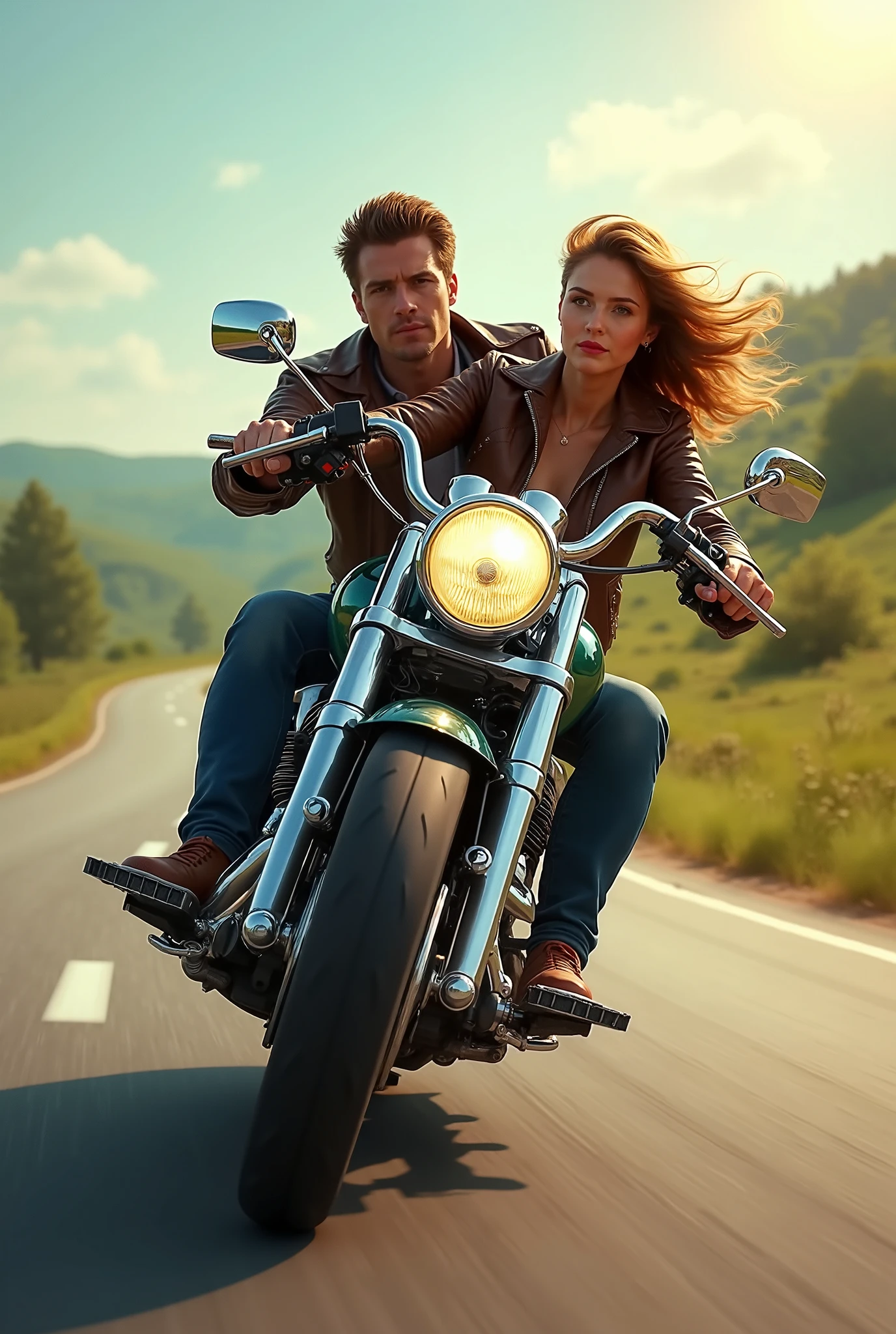 They are riding on a motorcycle down the road together - SeaArt AI