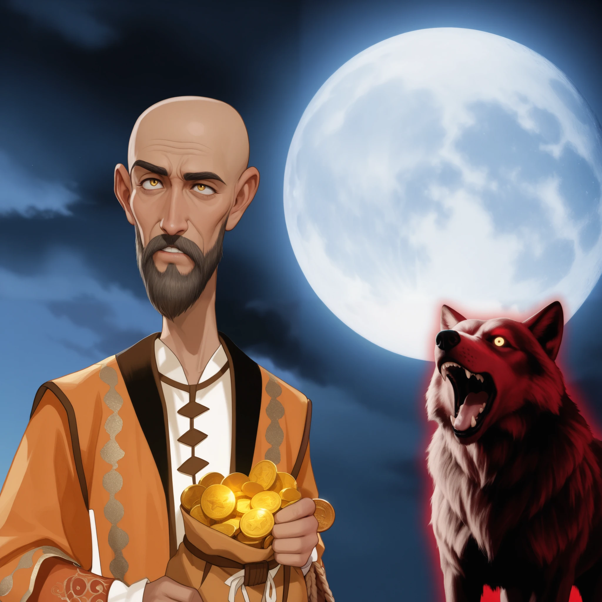 A man with a beard and bald head holding a bag of gold coins . He is wearing an orange-yellow jacket . Next to him , Something in the background , is a demonic wolf howling at the moon . In the background is a very big full moon in the night sky