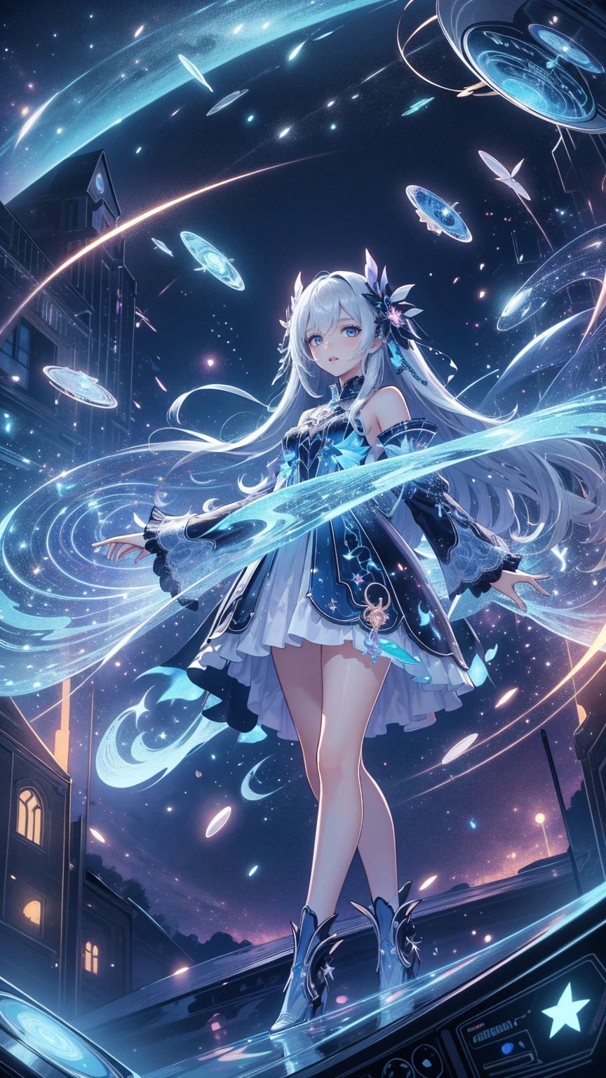 1 girl, transparent water, blue butterfly, pure white gauze skirt, sparkling