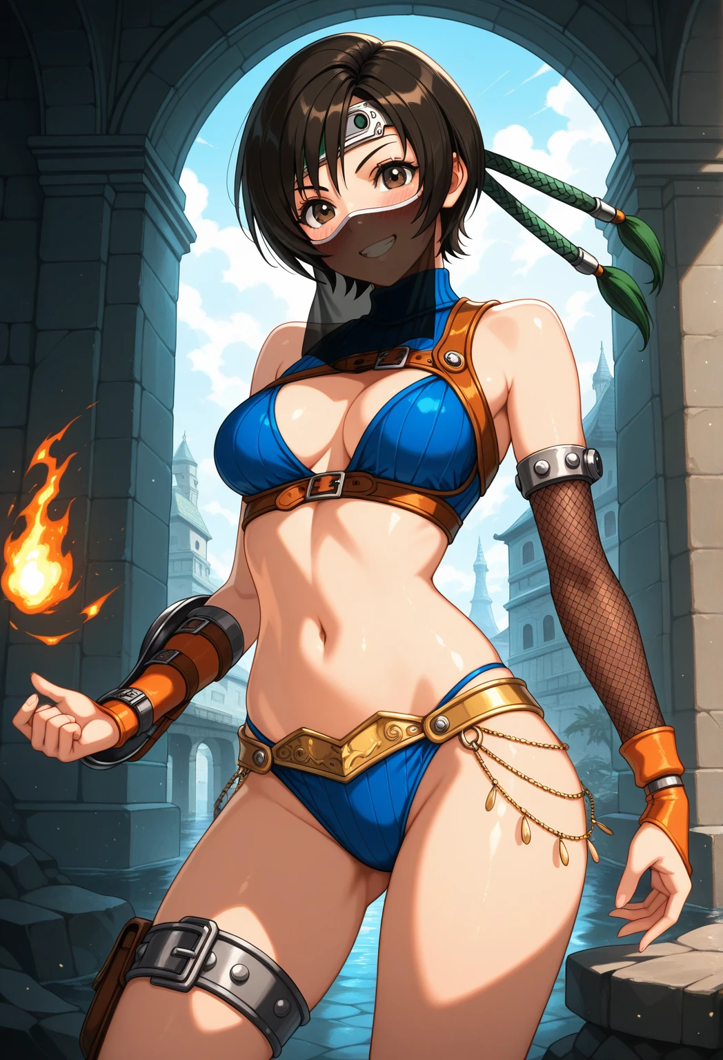 1 girl, (solo:1.5), nadia la arwall, outdoors, blue sky, cloudy, ultra-detailed, 8k, masterpiece world theater, textured skin, beautiful detailed face, beautiful detailed eyes, ambient light, realistic shadows, beautiful detailed pupils, cute, 1girl, solo, green eyes, dark skin, short hair, navel, bandeau, vest, bracelets, earrings, hair ornament, loincloth, bare shoulders, necklace, neck ornament, on all fours, ass cowboy shot, from behind