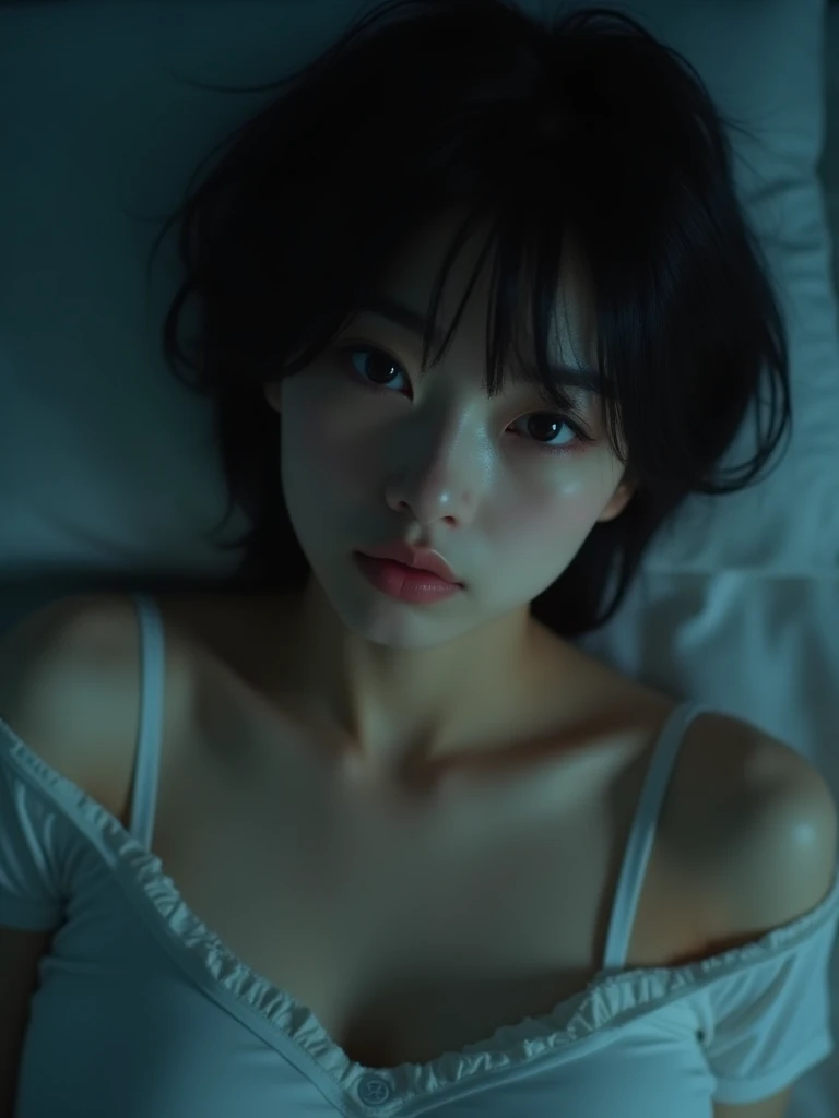 Cute Japanese Looks kind 20-year-old Exposed Skin Large Breasts camisole Lying on the bed Selfie Dark room at night Room for living alone 8k Black hair shoulder length bob cut No makeup