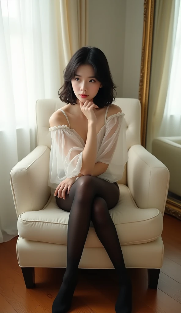 45 yers old,Beautiful mature woman office lady,Bright interior of boardroom,sitting on a luxury sofa,(Fancy makeup),bob cuts, Ash brown hair, masutepiece, Best Quality, illustration, Ultra-detailed, finedetail, hight resolution, 8K Wallpaper, Perfect dynamic composition, Beautiful detailed eyes, Natural lips, (Wearing a ruffled blouse),cleavage, (Wearing high heels), (Wearing stockings),((skirt lift by yourself))), (lifted by self), (Show me your female genitalsいる), (((Not wearing panties))),Pupil Focus,((Sit up,Spread your legs apart)), Show me your female genitals、Open your eyes、looking at viewert、Provocative smile、A smile、Provocation by spreading legs and exposing female genitals, ((Sit up,Spread your legs apart、Spread your legs wide、Spread your legs wide、i'I'll spread your genitals with my hands and show you how to masturbate...、Spread your legs and expose your genitals.,Do fancy nails,The whole body fits perfectly in the photo,Orgasmic expression,(Expression of sexual climax),(A lot of fluid is flowing out from the female genitals.:1.0)
