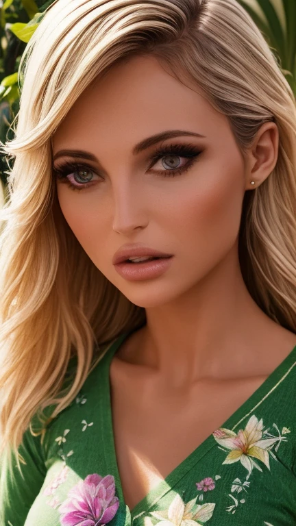 realistic girl in a lush tropical garden, detailed face with beautiful eyes, long eyelashes, full lips, intricate floral dress, standing in sunlight, colorful butterflies, detailed foliage, vibrant colors, 8k, high quality, detailed painting, cinematic lighting, photorealistic