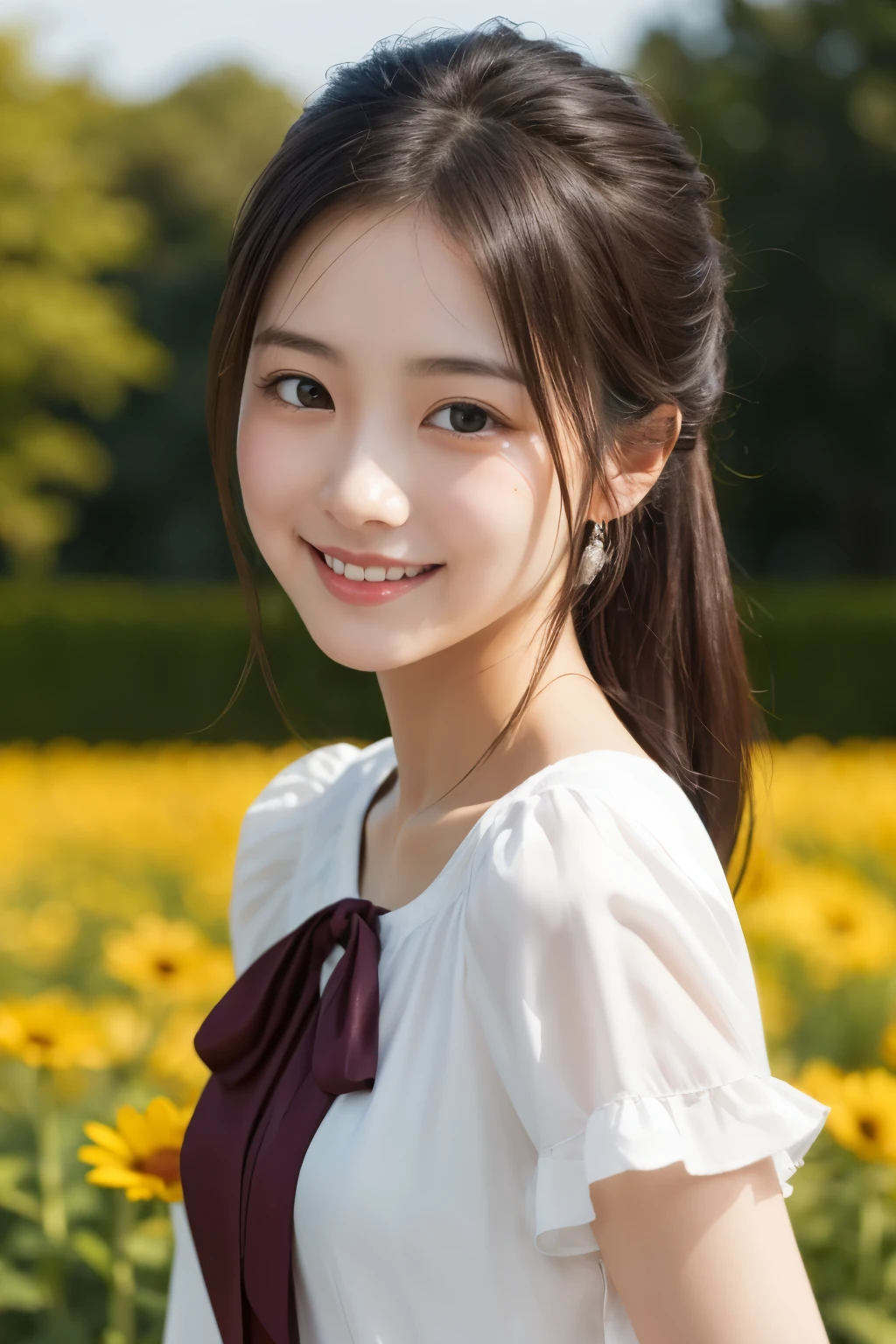 Masterpiece, Best quality, 8k, 18 ans, Photo brute, absurdes, Award-winning portrait, sourire, sourire, pure, french, pink black white dress, spring, , orchard in bloom, Italian, elegant, braids, sitting