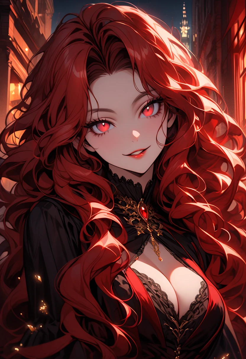 (masterpiece, top quality, very aesthetic, 4k、illustration), intricate detail, 1woman,solo,contrapposto 、(gradient eyes、tareme)、Strong glowing eyes、parted bangs,Fair skin,(upper body)、Cool women、Cleavage、 smile、(red lipstick),beautiful face、(gradient hair)、(dark red hair)、(wavy hair),sidelock ,parted bangs,red eyes、halter top Victorian Dress、large breasts、slender 、