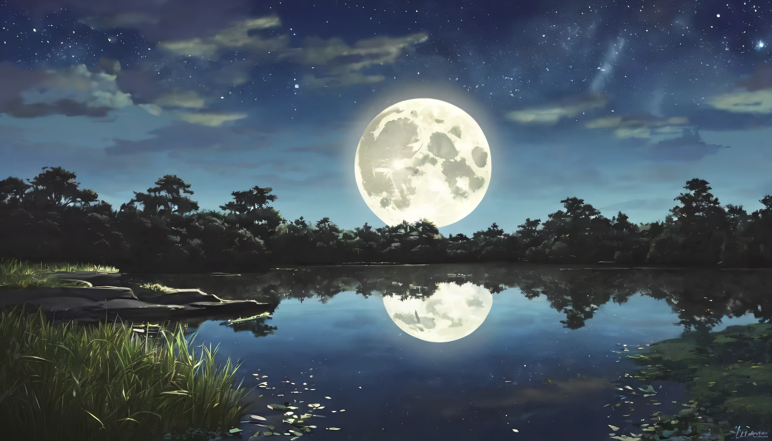 ((((Underexpose Lighting)))))、The lake is dark at night and has a beautiful surface、 full moon floating in the night sky background。 anime picture for TRPG、Beautiful starry sky