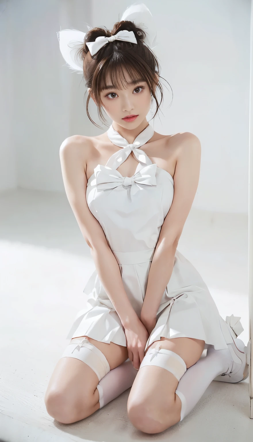 Very normal body.,girl, short skirt,white platform boots,platform shoes,((white stockings)),((Masterpiece, best quality, High resolution)), 8K ที่Very detailed, beautiful girl with , (Hyper HD, Very detailed, เนื้อหามีรายVery detailed, Very realistic, Surreal, Live photos), (1 woman,Bow knot:1.5), (realistic brown), short hair details,Bow knot,Hair pins, (Dynamic camera poses,, Beautiful and delicate face,slightly open, beautiful eyes),, glow,