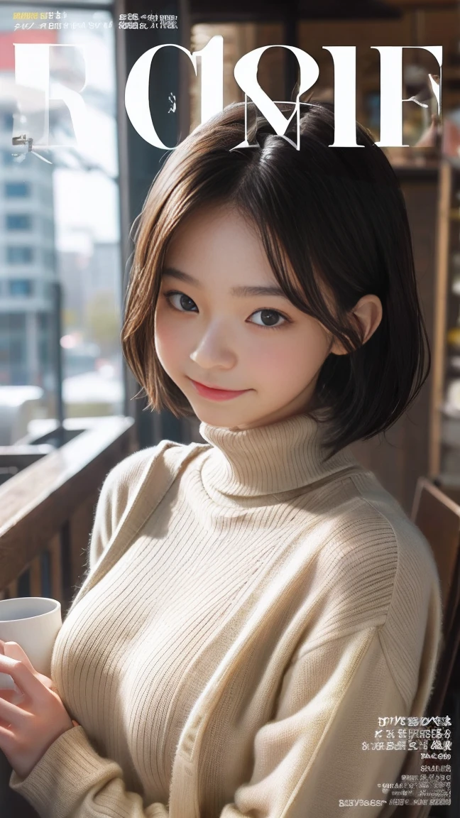 table top, highest quality, figure, super detailed, small details, High resolution, 8k wallpaper, 1 girl, alone, japanese girl, 18-year-old, 完璧なダイナミックな構figure, detailed and beautiful eyes,  natural lip, ((open chest:1.2) turtleneck tight knit sweater), (Sweaters in different colors:1.4), big breasts, firm chest, cleavage, (charming smile:1.1), from the waist up, ,shallow depth of field, focus on the eyes, (short hair:1.2), light makeup, shallow depth of field, Bokeh,