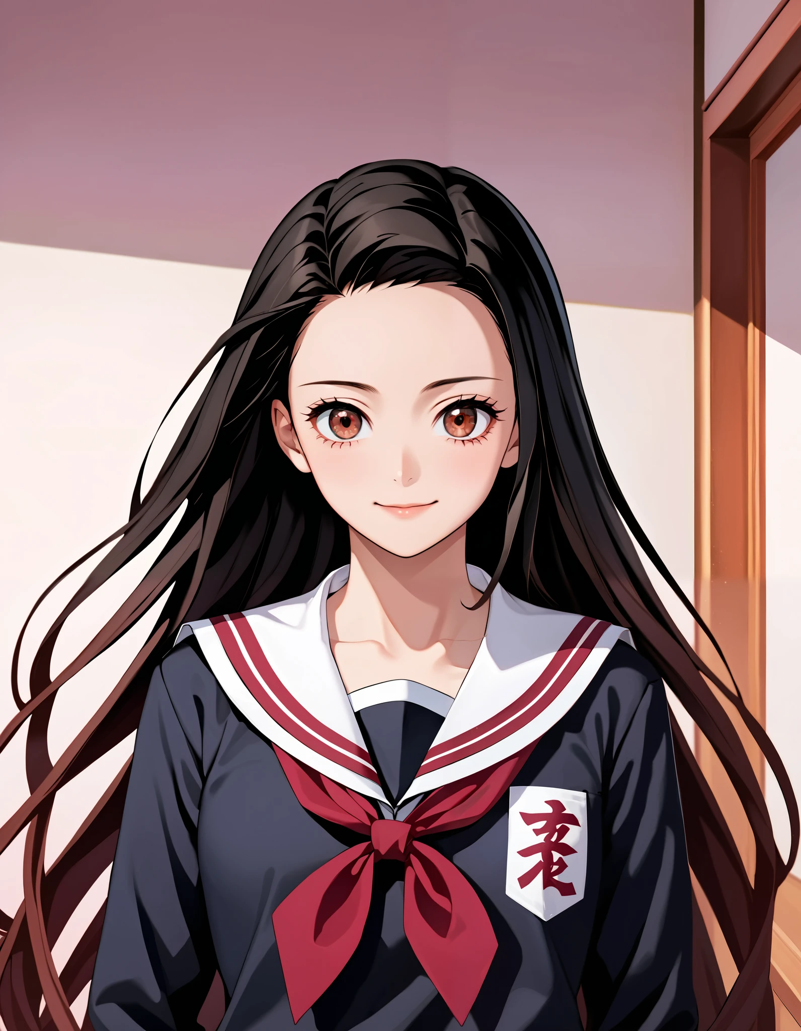 score_9, score_8_up, score_7_up, (Demon Slayer, Kimetsu no yaiba style), (nezuko kamado), (1girl, solo), ars old, upper body, (black long hair, smooth straight hair, asymmetrical parting hair:1.1), forehead, brown eyes, (Japanese school uniform, sailor suit, JK), smile, (front view, looking at viewer), standing in the school classroom