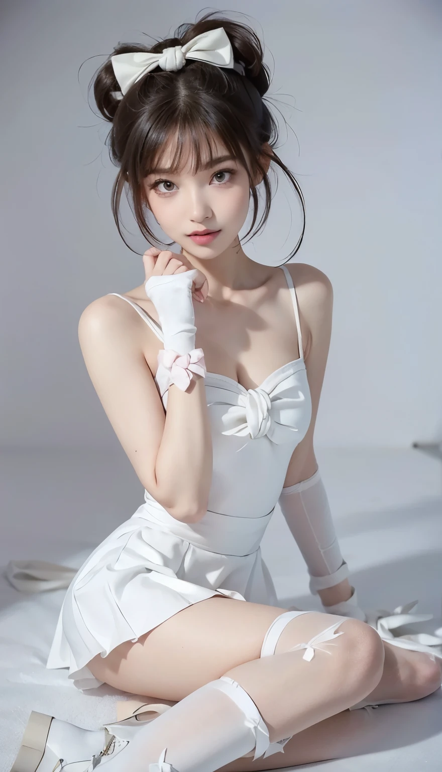 Extremely normal body,girl, short skirt,Platform white boots,platform footwear,((White stockings)),((tmasterpiece, Best quality, A high resolution)), Extremely detailed 8K, beautiful girl with , (hyper HD, ultra - detailed, The content is very detailed, Highly realistic, Surreal, Live photos), (1 Girly,Bow knot:1.5), (realistic brunette), Short hair details,Bow knot,hair pin, (Camera dynamic poses,, Beautiful and delicate face,open slightly, beautidful eyes),, Glow,