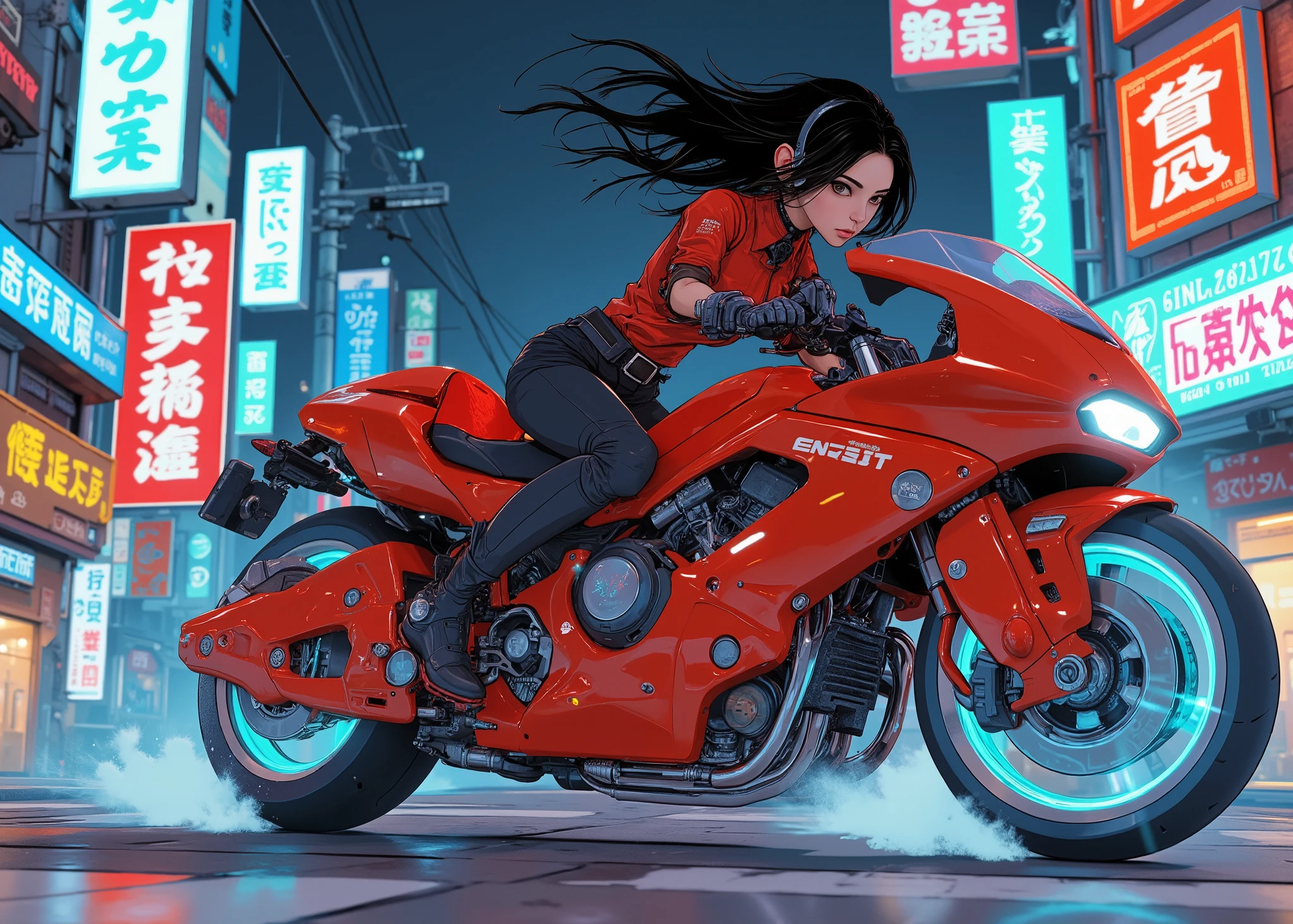 Masterpiece, excellent quality, Cinematic experience , very detailed, best illustrations, Ultra-fine,16k, wallpaper, Woman 1 , cyberpunk , android woman riding a red motorcycle, beautiful faces, beautiful eyes, detailed facial features , hair ,Serious, sexy, hair , dynamic angle ,The background is Tokyo Drift
