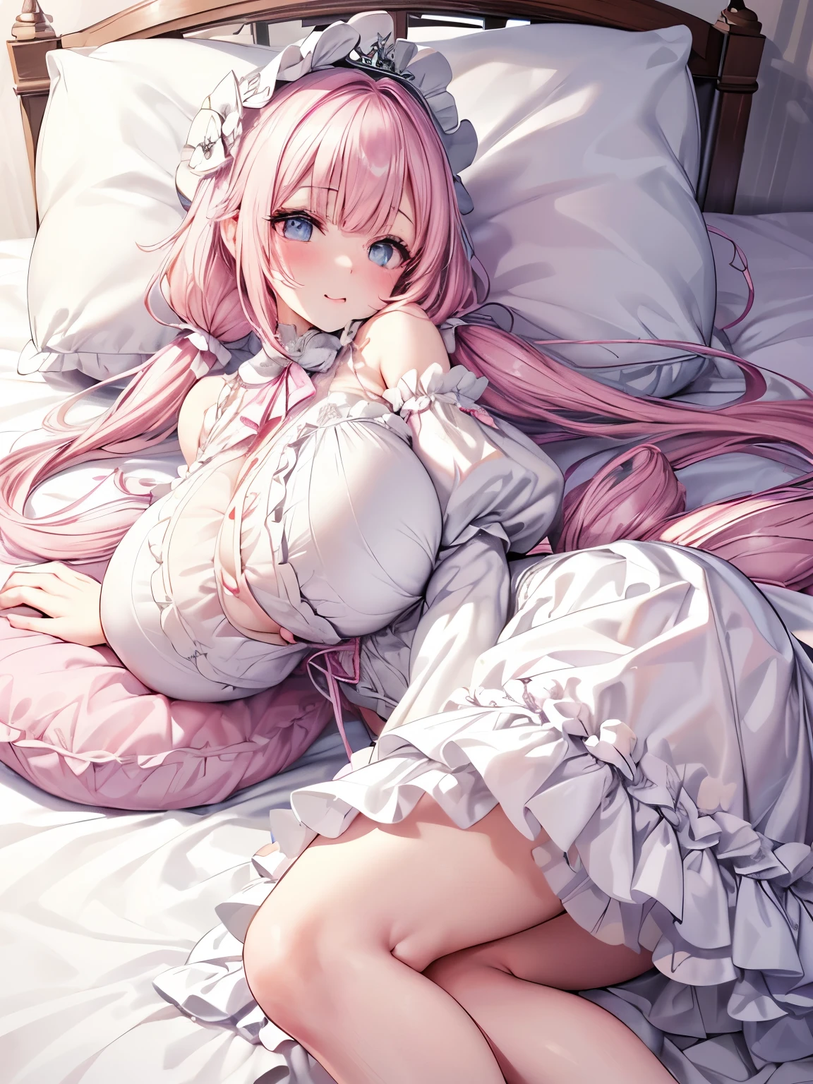 Surrealist girls，18-year-old girl，fox ear，Nine big furry tails，Pink Long Hair，White lace panties exposed，The girl smiled，Bai Zhe's delicate skin，broad chest，No shoes，Lie down in bed，Bare thighig pink eyes，Pink miniskirt. Hot babe