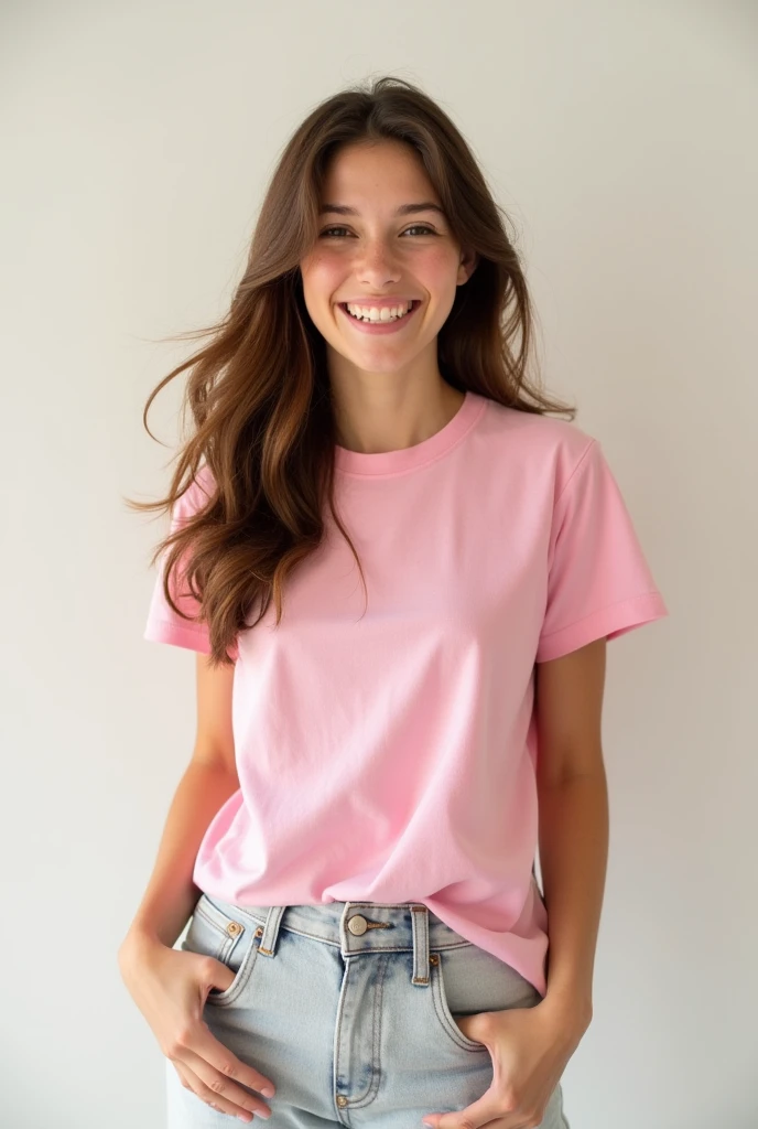 Free image of a 28 years beautiful, attractive and healthy girl wearing T shirt, the T shirt should be pink and cotton made and little tight in which boobs are clear, the free image is for fiverr gig thumbnail which looks real