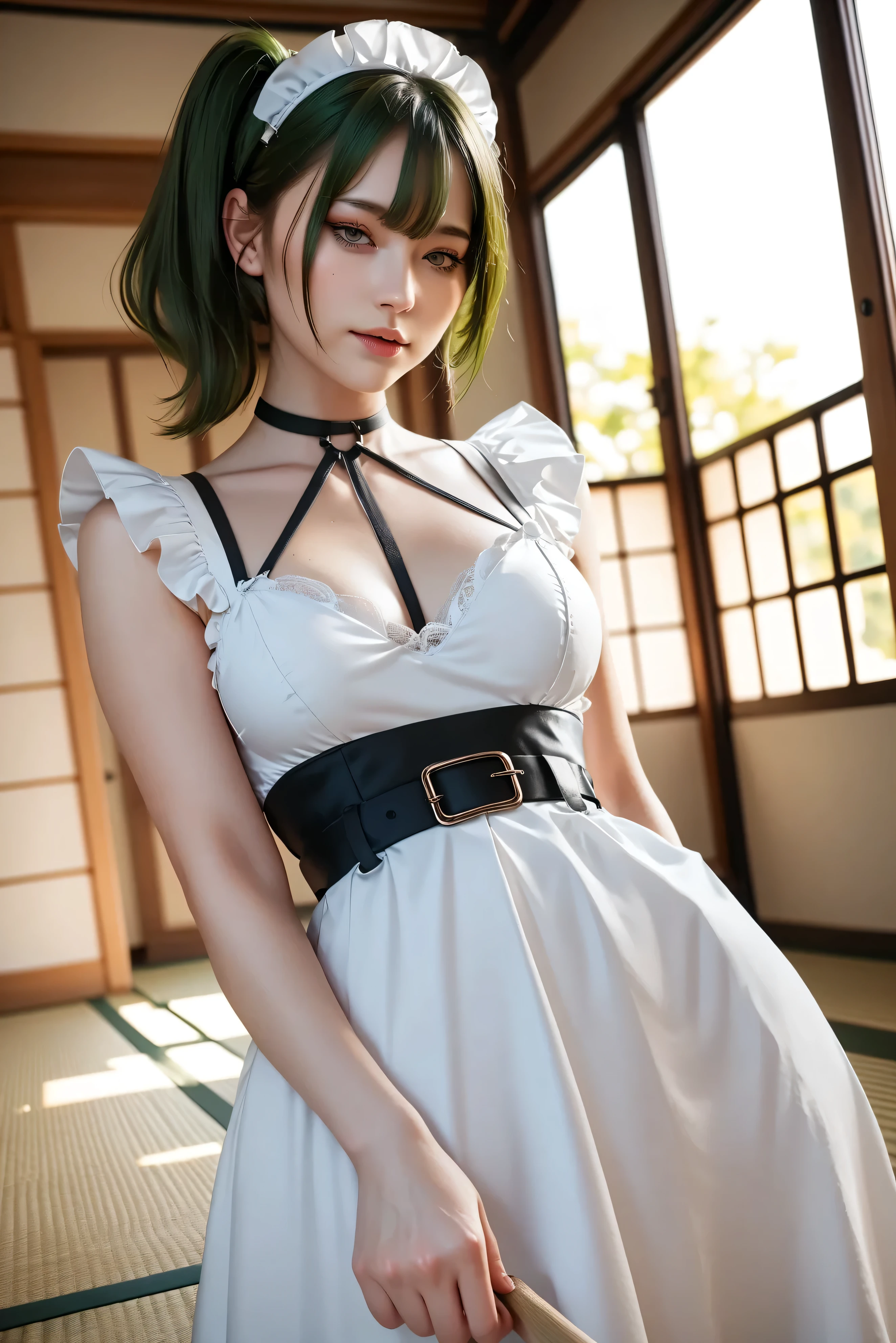 High Quality 、Japanese-style room、tatami、Beautiful girl alone、Green Hair、 maid clothes、Chest、 back stretch、 smiles、 viewer's perspective