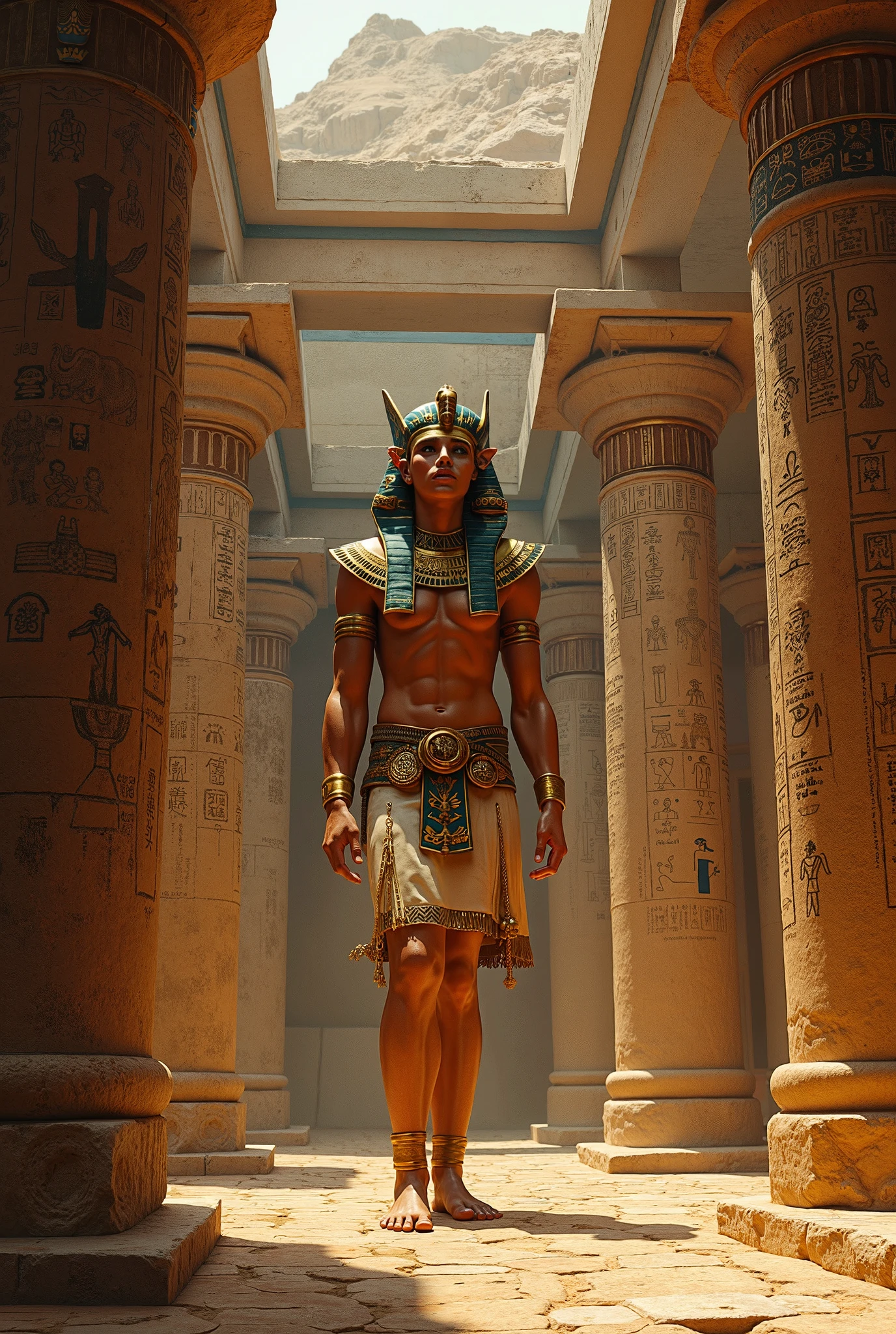 ((SFW))Arte estilo john Buscema,Um close up de Rick O"Connell, aventureiro americano, vestindo o uniforme de explorador, Coming out of the tomb of an Egyptian mummy, segurando uma pistola, no deserto escaldante da Egito dos anos 20,corpo inteiro,, cena detalhada, cena perfeita, pingos de suor. Behind him the entrance of a tomb of the scorpion king.((SFW))