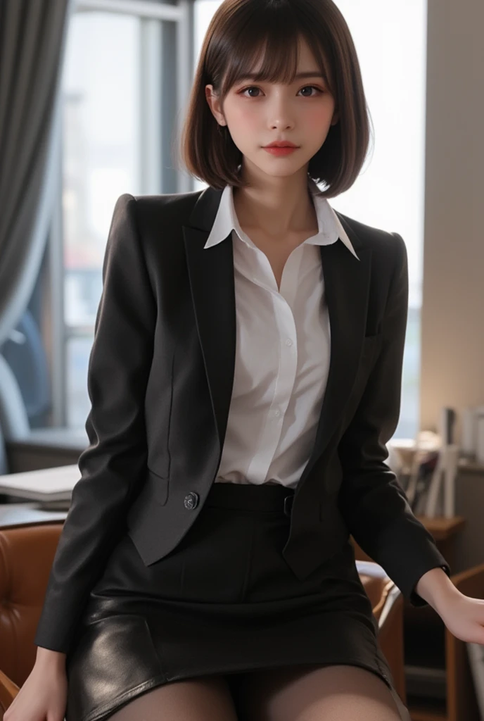 (anatomically correct:1.5),(best quality:1.5), (delicate face:1.1), (pretty face:1.1), slim figure,office lady,office clothes,black coat,Collared white shirt,black skirt,(curls:1.2),(black_pantyhose:1.2),Lovely,(happy:1.1),blush