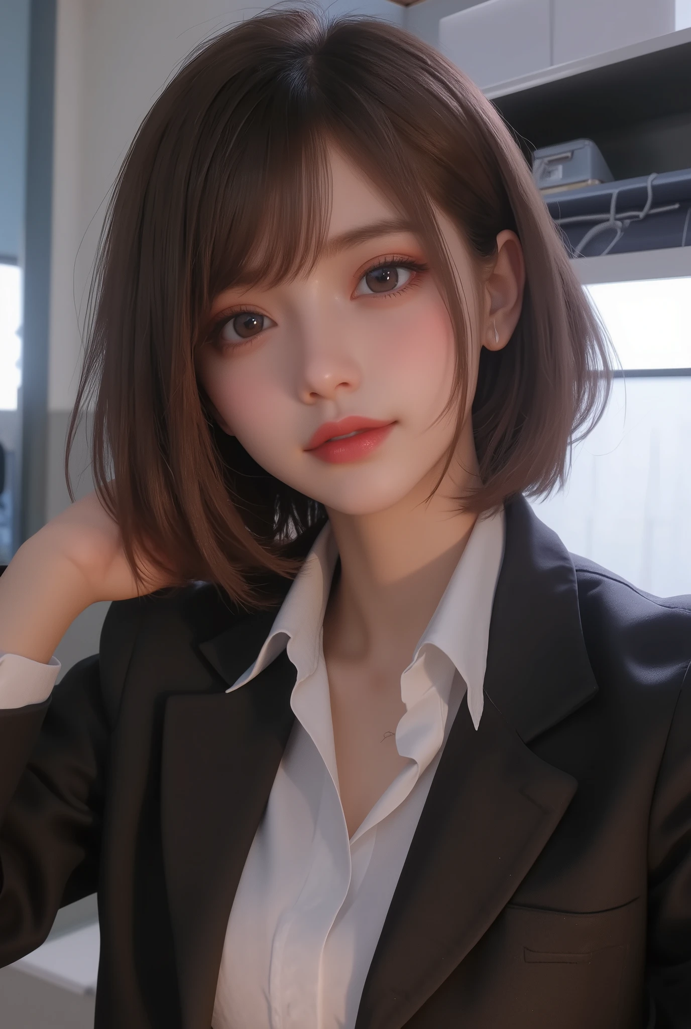 like an idol ,  short hair ,  straight hair , Round face , (( super realistic pantyhose)) ,  business suit ,  realistic pictures ,  office、