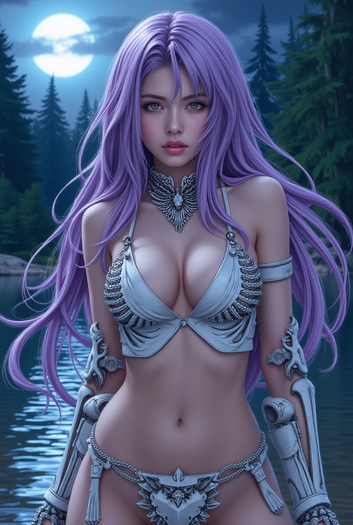 Viking goddess of lust, short dark red dress(fur collar) with silver runes, tiara, big breasts, long open purple hair, bracelets,, rough landscape in the background