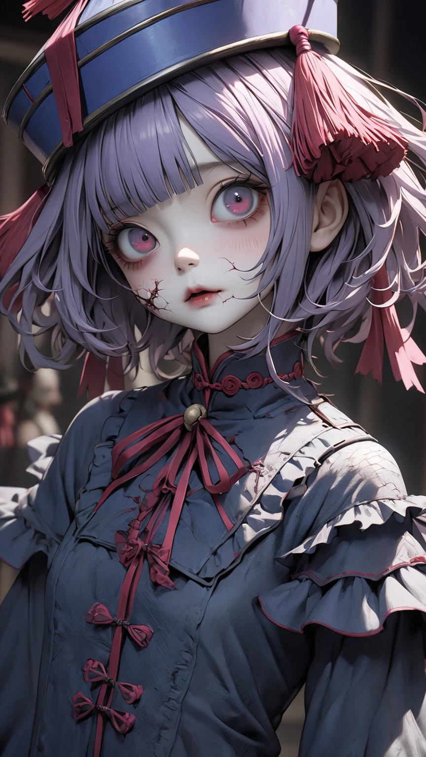 Bloody, Yandere, colourfull、Sprinkle pastel color paint、Dripping、Gothic lolita、Cute Girls in Anime、long eyeslashes、Lower lashes、short bangs、奈良美智、anime illustrated  , crazy face expression, covered in blood