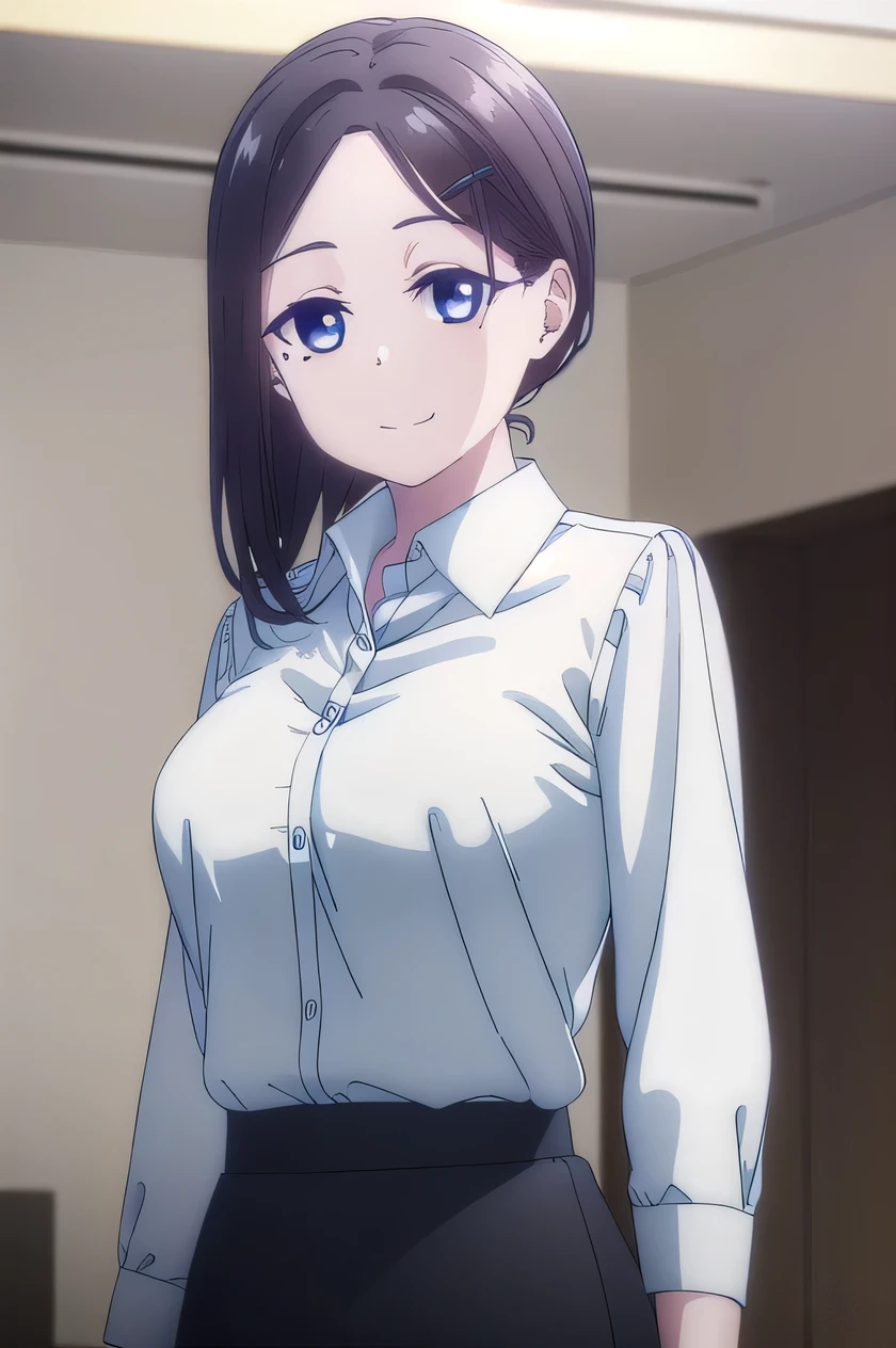 Bob, blue eyes,  tea hair,  hair ornament,  Hair Clips , mole, mole under eye, smile,full body
break skirt,  shirt, white  shirt, collared  shirt, black skirt, dress  shirt, formal,  suit,   pencil skirt , OL,
break indoors, classroom,
break looking at viewer,  dynamic pose ,
break (Masterpiece:1.2),  best quality ,  high resolution,  Unity 8K Wallpaper , ( illustration:0.8), (  beautiful eyes in every detail  :1.6),  very detailed face,  perfect lighting,  Highly Detailed CG, (perfect hand,  Complete anatomy),