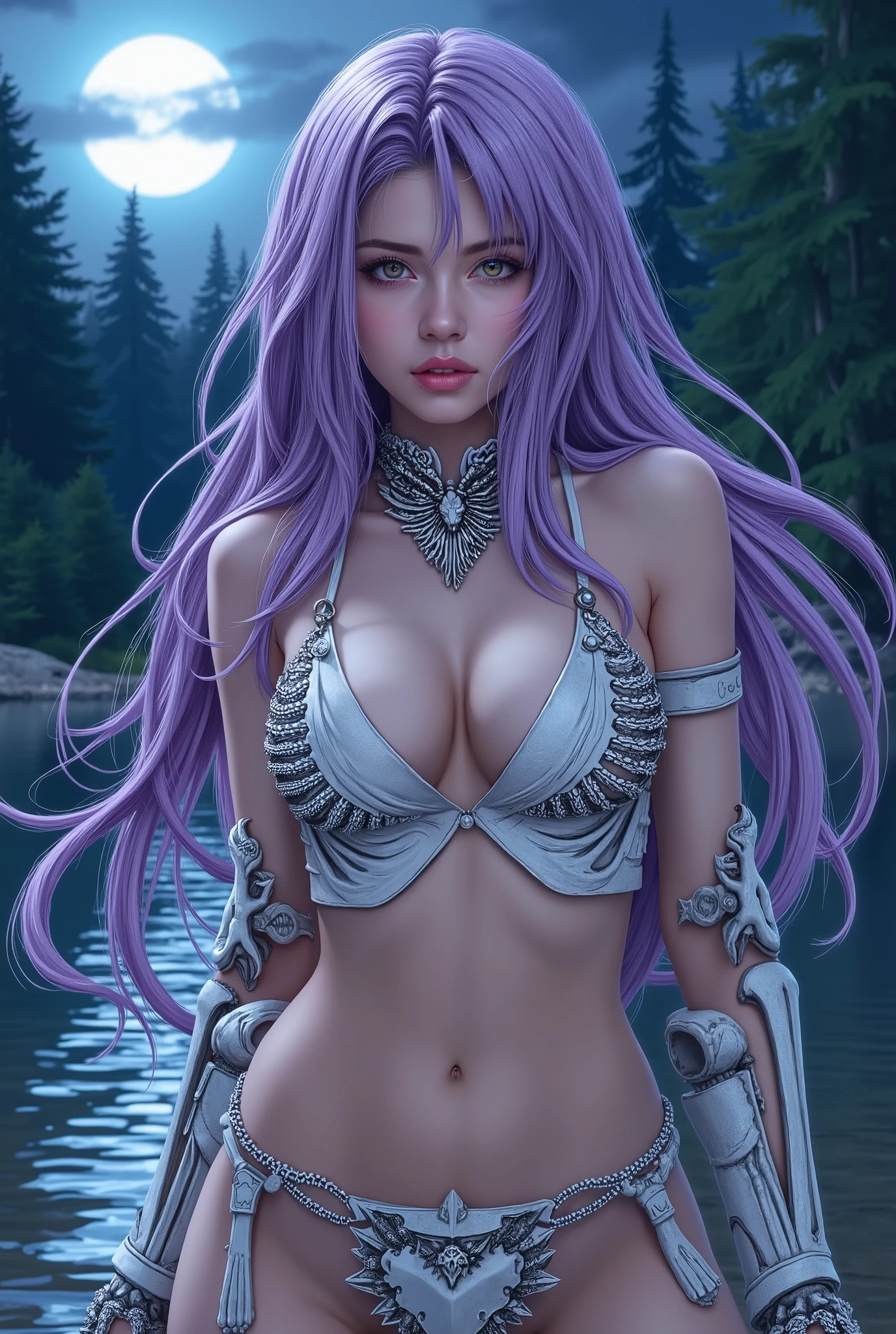 top quality、 realistic comic style Japanese woman、 erotic 、Beautiful woman with long light purple hair 1 :5( with sharp eyes 、Assassin)、white skeleton decoration armor(sleeveless、 deep v-neck、Beautiful upper arms、Gauntlet equipment、bare hands、 belly button out、 high leg 、 Leg Armor )、Moonlit Night Forest lakeside