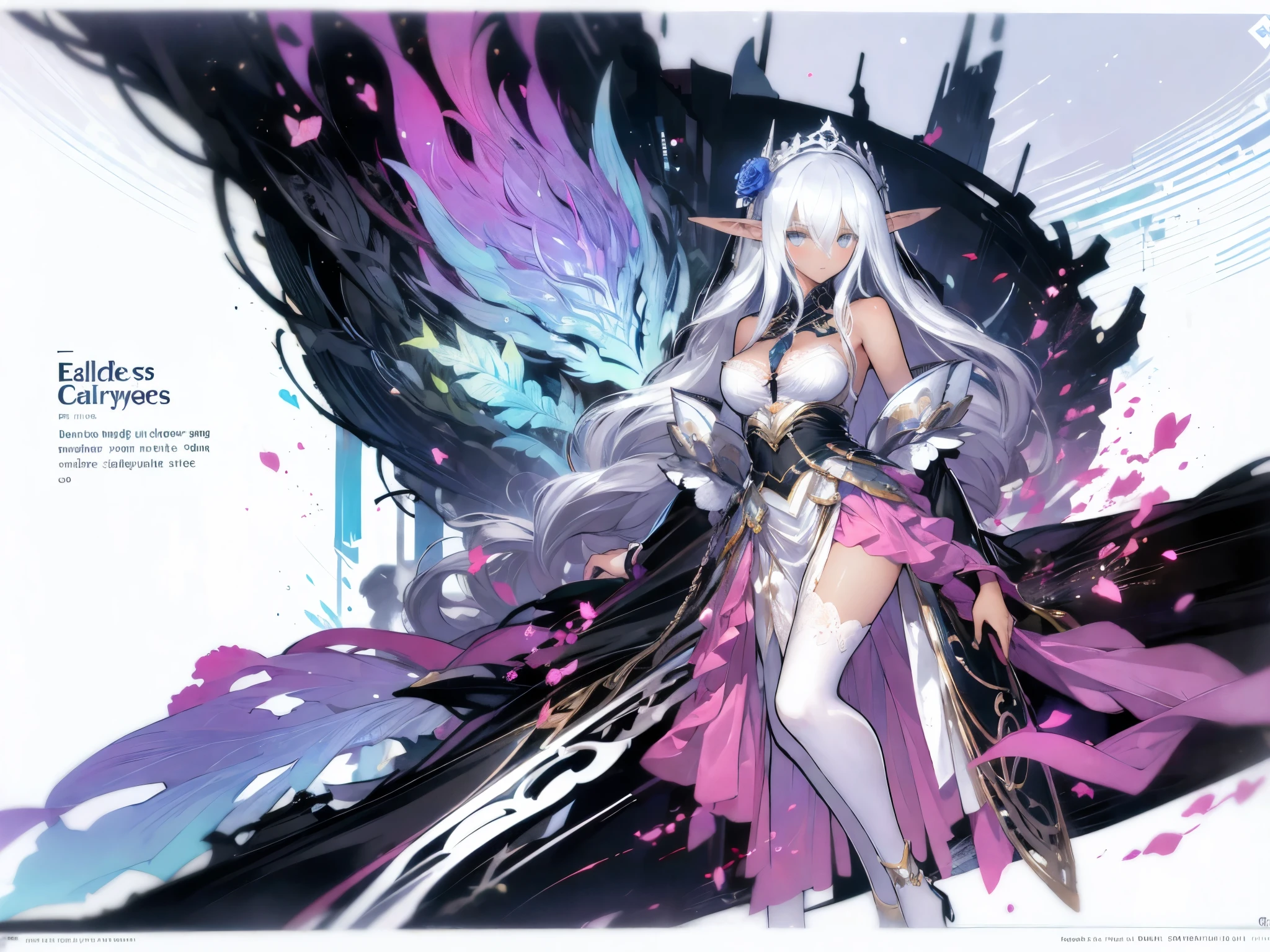 Elf Goddess , dark skin , perfect figure, 8k wallpaper, pure white background, maximum resolution , hair covering one eye,Strapless,Lace, Clear Glass High Heels,Rose, Full Body Photo ,sexy