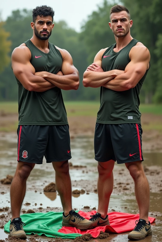 two 18 year old SKINNY boys, wearing green soccer uniforms , SQUATTING DOWN, FLEXING BICEPS. The guys are sweaty and they have volluminous bulges, showing off armpits