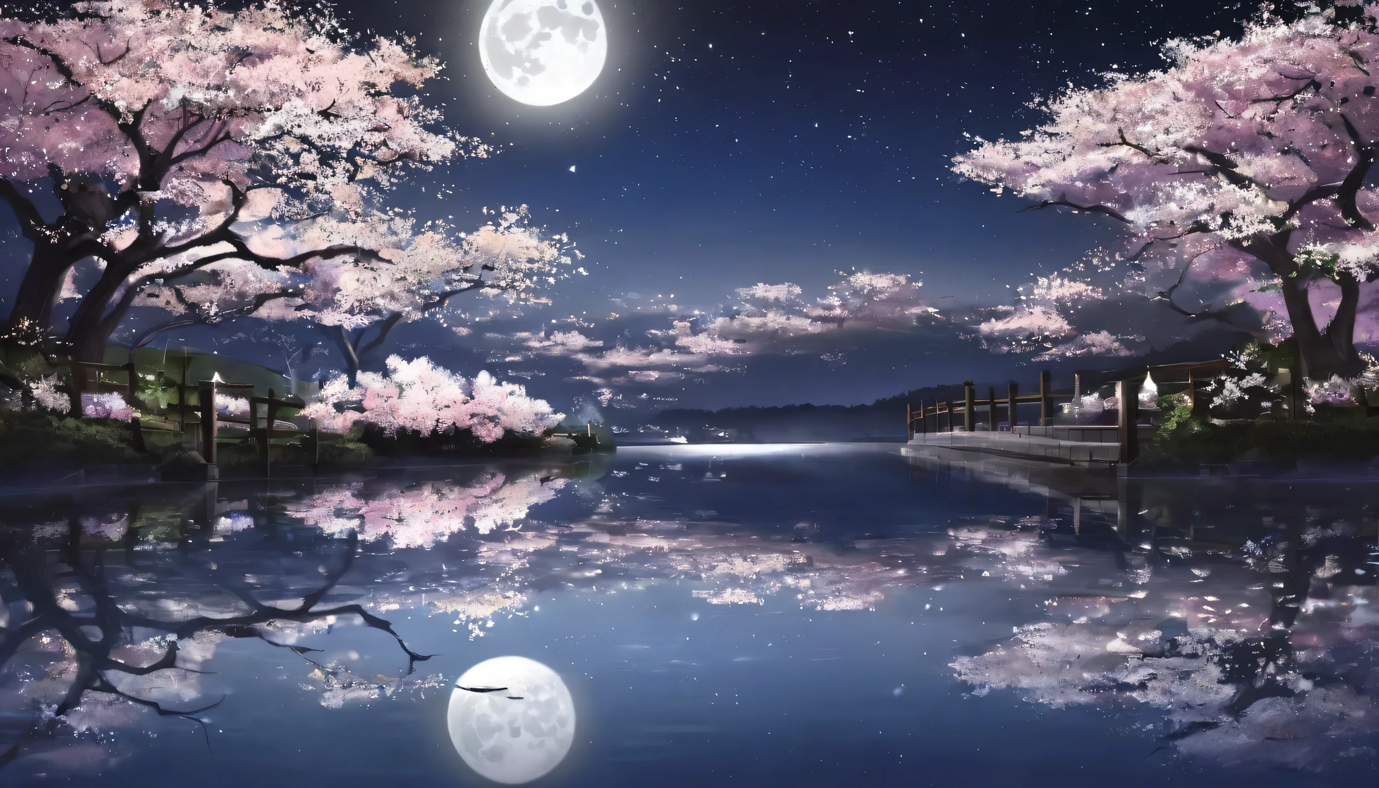 ((((Underexpose Lighting)))))、The lake is dark at night and has a beautiful surface、White cherry blossoms are growing around。 full moon floating in the night sky background。 anime picture for TRPG、Beautiful starry sky