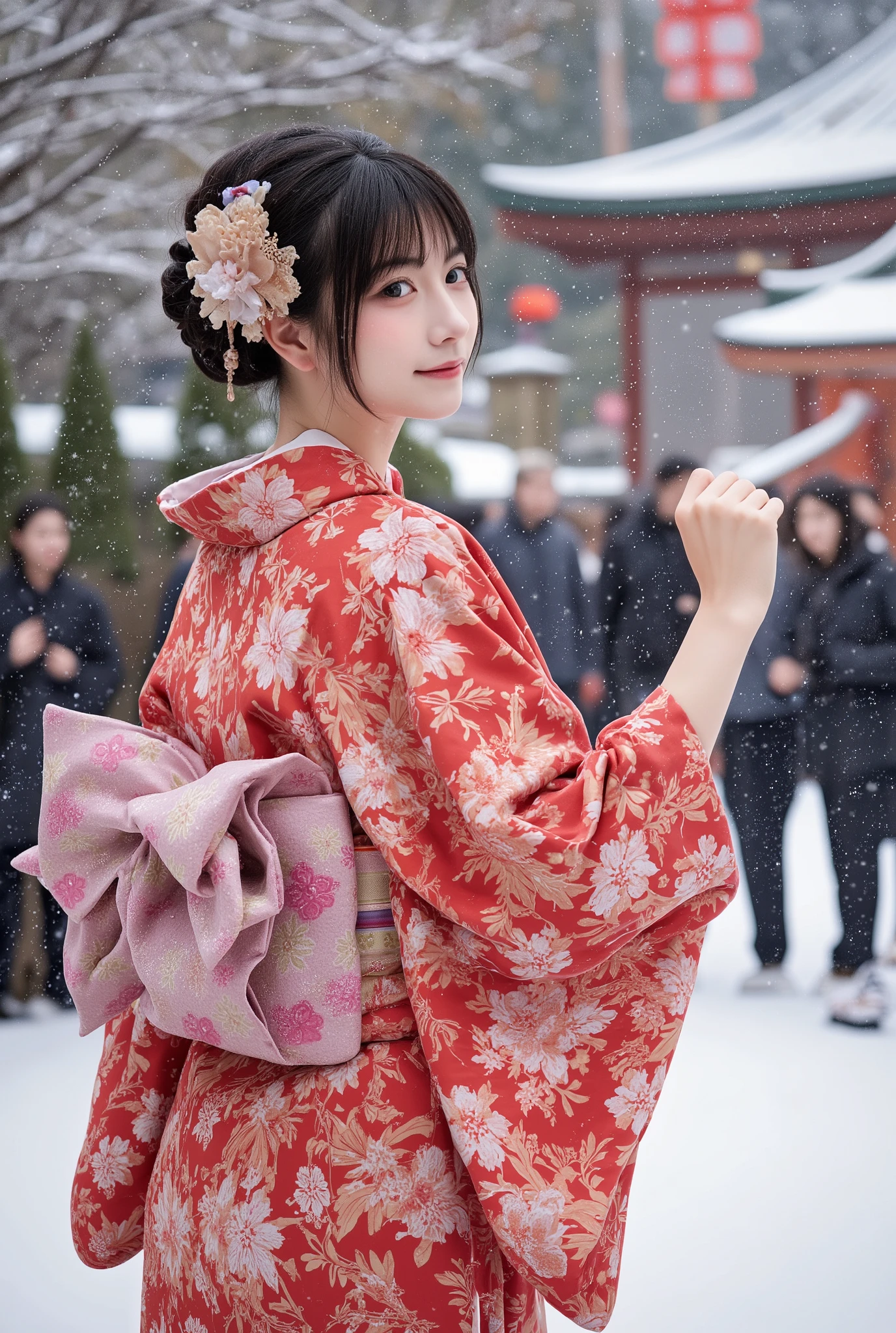 depicts a beautiful Japanese woman wearing a kimono、 Shiny Skin, big breasts:0.5, Look up, View the view, beautiful hair, beautiful faces, beautiful eyes in every detail , ( Making middle hair :1.5, Japanese Hair:1.5), black hair, blue eyes, ((( red floral kimono ), hair ornament)), ((smile:1.5, Open Your Mouth Wide )), walking , ( beautiful scenery), winter, dawn, (New Year, First visit),crowd, snow, snowfall:1.5, Frozen Weather, frost, (8k, best quality , masterpiece:1.2, very detailed on trends), ( photorealistic), beautiful illustration of wiping away tears , natural light,(( Complete anatomy, Anatomically Accurate , super detailed skin)),