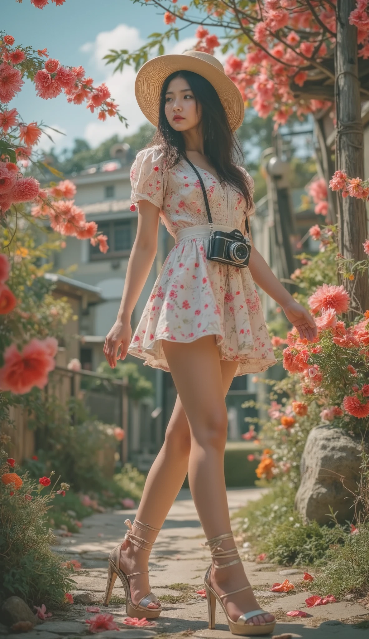 (Osaki Amane, Photo realistic style ,The most perfect girls in the world , perfectly presents all the details,Natural and real poses,outdoor,Flowers,Scented girl full of fragrance ,Full Body Scented Girl ,Sexy and girly posture,sideways,Shoulder strap with a vintage camera hanging around his neck , Hands Raise Camera Over Chest ,hat,Doll-like perfect five-pointed , Sweet and sexy ,Queen-like vibes and elegant , Playing with high heels foot pose , slender long rounded beautiful legs , anatomically perfect , Left and right leg correct ,Left and right foot correct , Leg lines are clear, correct body shape , correct number of limbs,Reasonable body movement , The most feminine perfect girl in the world playing in a high-heeled shoe pose, Super Big Boobs , Photo realistic style CG,8k,完美masterpiece, perfectly displays all the details, Octane rendering, Full Body Portrait,Full body image,dynamic poses, Close-up of girl looking at her full body including feet wearing extra-high sandals from the ground,High heels ,Super Sexy Sandals Design , tight-fitting shoes , Leg Shaped With High Heel Sandals Perfectly Flawless Support , very clearly visible stockings that wrap around the entire leg, There is no hiding between the girl and the camera ,Perfectly show the woman's taste and charm ,The most perfect sexy hairstyle , for smooth and smooth hair, Strong attitude and atmosphere dominating the whole place ,Elegant and noble atmosphere , Tempting divinity , with her legs in the most seductive pose, The focus of the lens is on the woman 's legs and feet on extra-high heel sandals ,Full Body Portrait with the theme of a girl's super high-heel sandals,Higher Heels ,Tight mini dress ,Full Skirt , Extra high heel sandals near girl's feet Shoot full view of her shoes with full body ,Legs pose in the most attractive position . You can see the angle and posture of the heels of the girl's shoes ). ( The world's most beautiful five figures ,The world's coolest ,The world's most prestigious , The World's Most Seductive Beauty , confident posture ,Stand in the Sexiest in the world, The eye and the expression have an alluring quality that dominates everything,sideways, heel part is clearly shown in the screen ),( The angle and posture of the heels of the girl wearing ultra-high heel sandals , anatomically perfect , the most correct body structure and proportions , the correct body position and number ,The most correct number of fingers ,The most accurate body shape ,Photo realistic style CG, dynamic angle, best at portraying a girl's sexy pose from a shooting angle,panoramic shot, Maximum image quality ,masterpiece,bright light, for the most detailed image detail, anatomically perfect , Perfectly presents the shape of the characters in all the pictures ). (A sweet girl in the world who looks like a doll , Sexiest in the world ,The brutal ,Brave,gentle,Cruel,callous, The world's most elegant ,Full of wisdom ,Confident , The world's most beautiful , Extremely mature , The world's top supermodel . Very Smooth Skin , Very Snow White Skin , wearing a mini bra , Exquisite Scarlet French Nails , round and red cheeks , Clear visible eye lines extending from the tail of the eye , Clearly Visible Sexy Eye Shadow , Hair flying with the wind , Hair parted in the wind , Sexiest in the world 髮型, Best for a girl's hairstyle , Very Smooth Hair ,Very large breasts, slim and tall figure , Round Sexy Body Lines , Sexiest in the world 眼睛, Sexiest in the world 美腿, Sexiest in the world 美胸, Sexiest in the world 五官, Sexiest in the world fingers, Sexiest in the world 姿勢,Top Leg Models , designer clothing ,The best fit , The cut that best supports a girl's figure , Fully Leg Transparent Stockings,Clearly Visible Ultra High Heel Sandals , The Sexiest Stitching Head , Extra-high heel that best shows the girl's leg line, the highest and most detailed metal heel, Perfect shoe shape that best fits the leg line , shoes and the shoes worn on both feet are presented in the most detailed detail, Exquisite and expensive earrings , Exquisite and expensive necklace , Exquisite and expensive bracelet ). ( Sexiest in the world 姿態, Sexiest in the world 腿部姿勢, The Most Seductive Leg Line in the World).