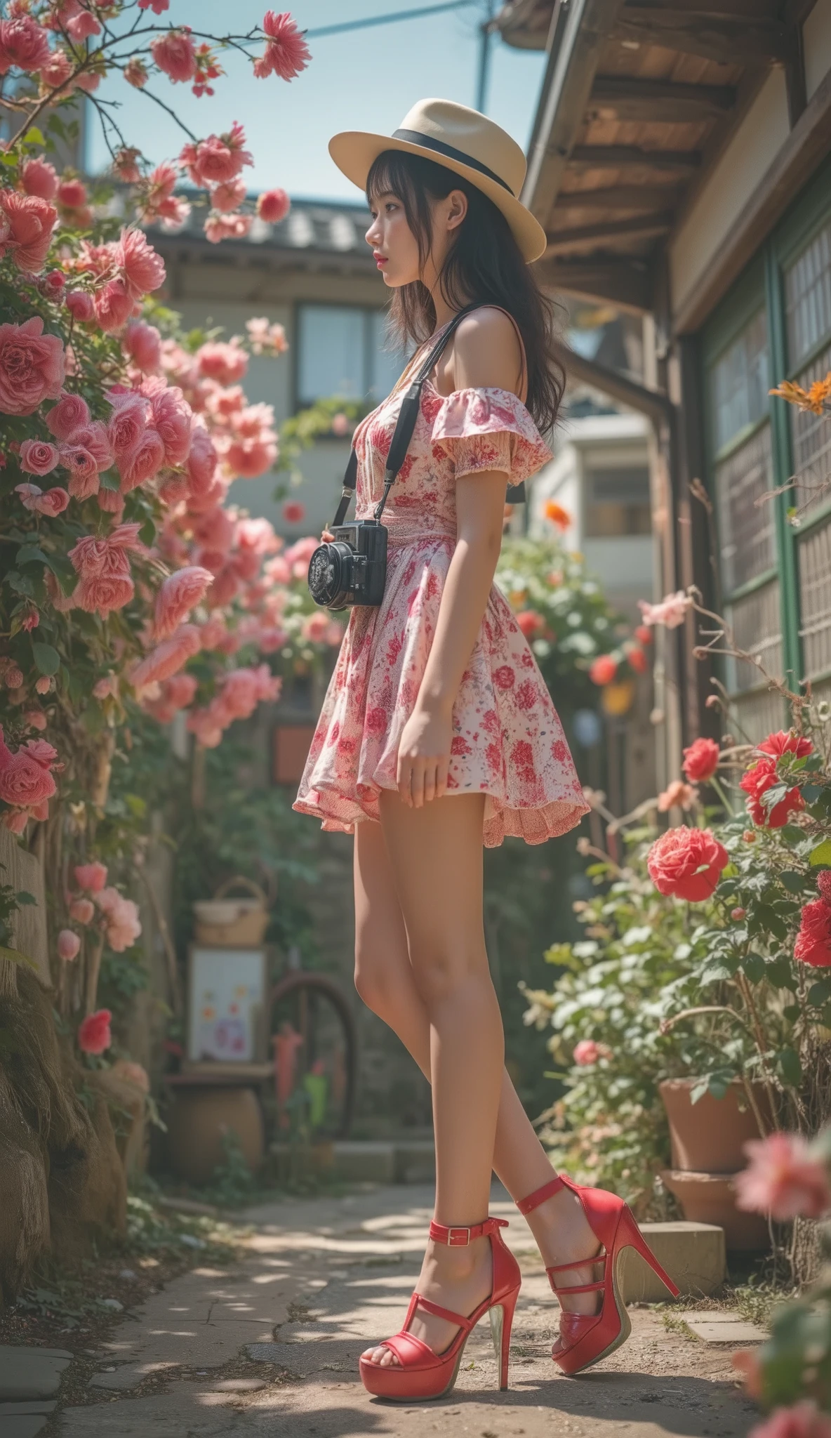 (Osaki Amane, Photo realistic style ,The most perfect girls in the world , perfectly presents all the details,Natural and real poses,outdoor,Flowers,Scented girl full of fragrance ,Full Body Scented Girl ,Sexy and girly posture,sideways,Shoulder strap with a vintage camera hanging around his neck , Hands Raise Camera Over Chest ,hat,Doll-like perfect five-pointed , Sweet and sexy ,Queen-like vibes and elegant , Playing with high heels foot pose , slender long rounded beautiful legs , anatomically perfect , Left and right leg correct ,Left and right foot correct , Leg lines are clear, correct body shape , correct number of limbs,Reasonable body movement , The most feminine perfect girl in the world playing in a high-heeled shoe pose, Super Big Boobs , Photo realistic style CG,8k,完美masterpiece, perfectly displays all the details, Octane rendering, Full Body Portrait,Full body image,dynamic poses, Close-up of girl looking at her full body including feet wearing extra-high sandals from the ground,High heels ,Super Sexy Sandals Design , tight-fitting shoes , Leg Shaped With High Heel Sandals Perfectly Flawless Support , very clearly visible stockings that wrap around the entire leg, There is no hiding between the girl and the camera ,Perfectly show the woman's taste and charm ,The most perfect sexy hairstyle , for smooth and smooth hair, Strong attitude and atmosphere dominating the whole place ,Elegant and noble atmosphere , Tempting divinity , with her legs in the most seductive pose, The focus of the lens is on the woman 's legs and feet on extra-high heel sandals ,Full Body Portrait with the theme of a girl's super high-heel sandals,Higher Heels ,Tight mini dress ,Full Skirt , Extra high heel sandals near girl's feet Shoot full view of her shoes with full body ,Legs pose in the most attractive position . You can see the angle and posture of the heels of the girl's shoes ). ( The world's most beautiful five figures ,The world's coolest ,The world's most prestigious , The World's Most Seductive Beauty , confident posture ,Stand in the Sexiest in the world, The eye and the expression have an alluring quality that dominates everything,sideways, heel part is clearly shown in the screen ),( The angle and posture of the heels of the girl wearing ultra-high heel sandals , anatomically perfect , the most correct body structure and proportions , the correct body position and number ,The most correct number of fingers ,The most accurate body shape ,Photo realistic style CG, dynamic angle, best at portraying a girl's sexy pose from a shooting angle,panoramic shot, Maximum image quality ,masterpiece,bright light, for the most detailed image detail, anatomically perfect , Perfectly presents the shape of the characters in all the pictures ). (A sweet girl in the world who looks like a doll , Sexiest in the world ,The brutal ,Brave,gentle,Cruel,callous, The world's most elegant ,Full of wisdom ,Confident , The world's most beautiful , Extremely mature , The world's top supermodel . Very Smooth Skin , Very Snow White Skin , wearing a mini bra , Exquisite Scarlet French Nails , round and red cheeks , Clear visible eye lines extending from the tail of the eye , Clearly Visible Sexy Eye Shadow , Hair flying with the wind , Hair parted in the wind , Sexiest in the world 髮型, Best for a girl's hairstyle , Very Smooth Hair ,Very large breasts, slim and tall figure , Round Sexy Body Lines , Sexiest in the world 眼睛, Sexiest in the world 美腿, Sexiest in the world 美胸, Sexiest in the world 五官, Sexiest in the world fingers, Sexiest in the world 姿勢,Top Leg Models , designer clothing ,The best fit , The cut that best supports a girl's figure , Fully Leg Transparent Stockings,Clearly Visible Ultra High Heel Sandals , The Sexiest Stitching Head , Extra-high heel that best shows the girl's leg line, the highest and most detailed metal heel, Perfect shoe shape that best fits the leg line , shoes and the shoes worn on both feet are presented in the most detailed detail, Exquisite and expensive earrings , Exquisite and expensive necklace , Exquisite and expensive bracelet ). ( Sexiest in the world 姿態, Sexiest in the world 腿部姿勢, The Most Seductive Leg Line in the World).