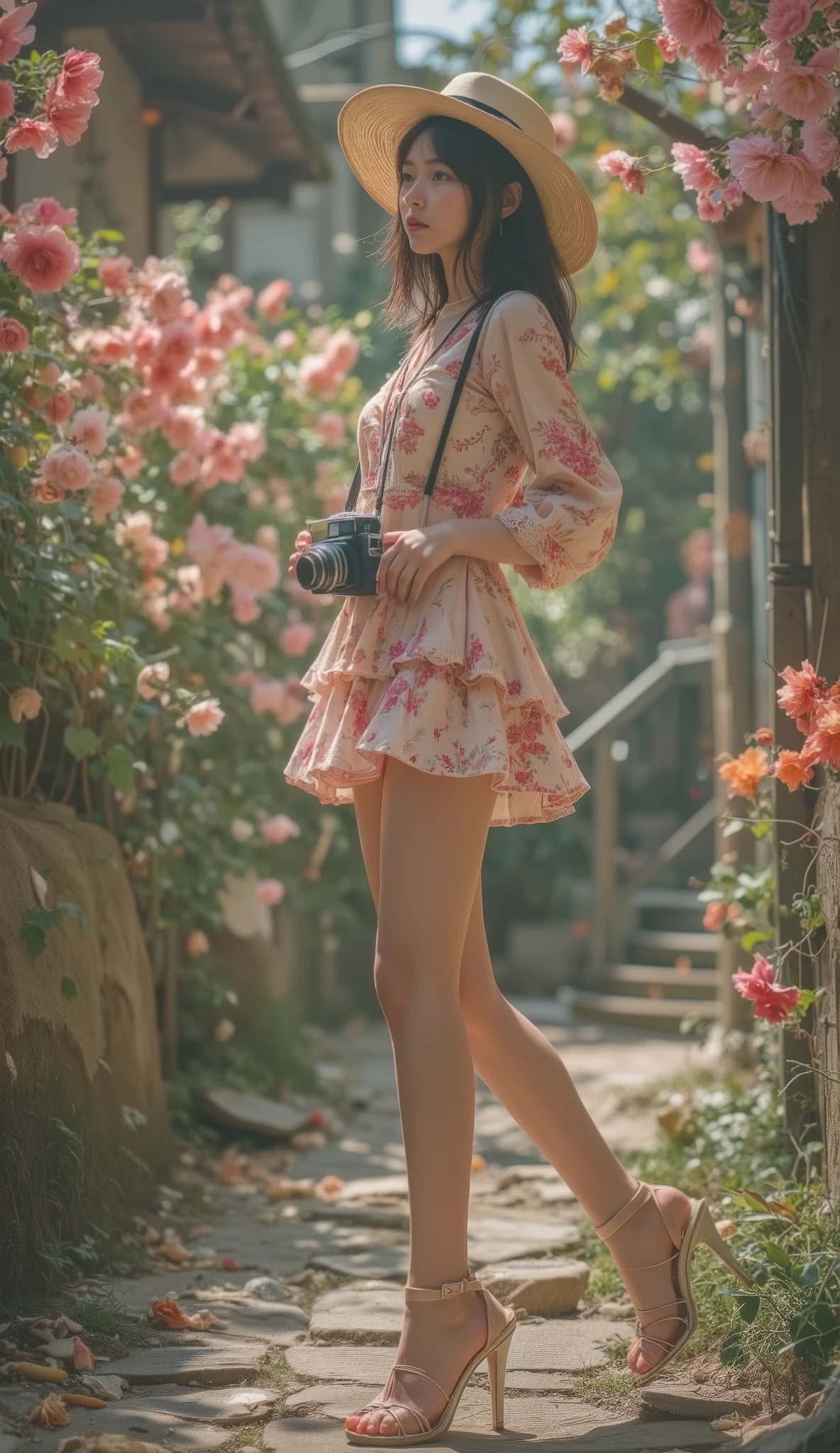 (Osaki Amane, Photo realistic style ,The most perfect girls in the world , perfectly presents all the details,Natural and real poses,outdoor,Flowers,Scented girl full of fragrance ,Full Body Scented Girl ,Sexy and girly posture,sideways,Shoulder strap with a vintage camera hanging around his neck , Hands Raise Camera Over Chest ,hat,Doll-like perfect five-pointed , Sweet and sexy ,Queen-like vibes and elegant , Playing with high heels foot pose , slender long rounded beautiful legs , anatomically perfect , Left and right leg correct ,Left and right foot correct , Leg lines are clear, correct body shape , correct number of limbs,Reasonable body movement , The most feminine perfect girl in the world playing in a high-heeled shoe pose, Super Big Boobs , Photo realistic style CG,8k,完美masterpiece, perfectly displays all the details, Octane rendering, Full Body Portrait,Full body image,dynamic poses, Close-up of girl looking at her full body including feet wearing extra-high sandals from the ground,High heels ,Super Sexy Sandals Design , tight-fitting shoes , Leg Shaped With High Heel Sandals Perfectly Flawless Support , very clearly visible stockings that wrap around the entire leg, There is no hiding between the girl and the camera ,Perfectly show the woman's taste and charm ,The most perfect sexy hairstyle , for smooth and smooth hair, Strong attitude and atmosphere dominating the whole place ,Elegant and noble atmosphere , Tempting divinity , with her legs in the most seductive pose, The focus of the lens is on the woman 's legs and feet on extra-high heel sandals ,Full Body Portrait with the theme of a girl's super high-heel sandals,Higher Heels ,Tight mini dress ,Full Skirt , Extra high heel sandals near girl's feet Shoot full view of her shoes with full body ,Legs pose in the most attractive position . You can see the angle and posture of the heels of the girl's shoes ). ( The world's most beautiful five figures ,The world's coolest ,The world's most prestigious , The World's Most Seductive Beauty , confident posture ,Stand in the Sexiest in the world, The eye and the expression have an alluring quality that dominates everything,sideways, heel part is clearly shown in the screen ),( The angle and posture of the heels of the girl wearing ultra-high heel sandals , anatomically perfect , the most correct body structure and proportions , the correct body position and number ,The most correct number of fingers ,The most accurate body shape ,Photo realistic style CG, dynamic angle, best at portraying a girl's sexy pose from a shooting angle,panoramic shot, Maximum image quality ,masterpiece,bright light, for the most detailed image detail, anatomically perfect , Perfectly presents the shape of the characters in all the pictures ). (A sweet girl in the world who looks like a doll , Sexiest in the world ,The brutal ,Brave,gentle,Cruel,callous, The world's most elegant ,Full of wisdom ,Confident , The world's most beautiful , Extremely mature , The world's top supermodel . Very Smooth Skin , Very Snow White Skin , wearing a mini bra , Exquisite Scarlet French Nails , round and red cheeks , Clear visible eye lines extending from the tail of the eye , Clearly Visible Sexy Eye Shadow , Hair flying with the wind , Hair parted in the wind , Sexiest in the world 髮型, Best for a girl's hairstyle , Very Smooth Hair ,Very large breasts, slim and tall figure , Round Sexy Body Lines , Sexiest in the world 眼睛, Sexiest in the world 美腿, Sexiest in the world 美胸, Sexiest in the world 五官, Sexiest in the world fingers, Sexiest in the world 姿勢,Top Leg Models , designer clothing ,The best fit , The cut that best supports a girl's figure , Fully Leg Transparent Stockings,Clearly Visible Ultra High Heel Sandals , The Sexiest Stitching Head , Extra-high heel that best shows the girl's leg line, the highest and most detailed metal heel, Perfect shoe shape that best fits the leg line , shoes and the shoes worn on both feet are presented in the most detailed detail, Exquisite and expensive earrings , Exquisite and expensive necklace , Exquisite and expensive bracelet ). ( Sexiest in the world 姿態, Sexiest in the world 腿部姿勢, The Most Seductive Leg Line in the World).