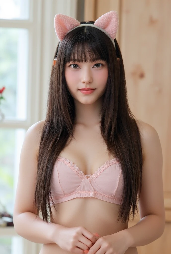 8k, masterpiece, Japanese, , facing front, innocent face, gentle eyes, child-like body,Pink see-through bra:2,Pink see-through panties:2, Semi-long hair, morning, nsfw:2、smile:1.5,The upper teeth are visible, Skinny:1.2, small breasts:1.6