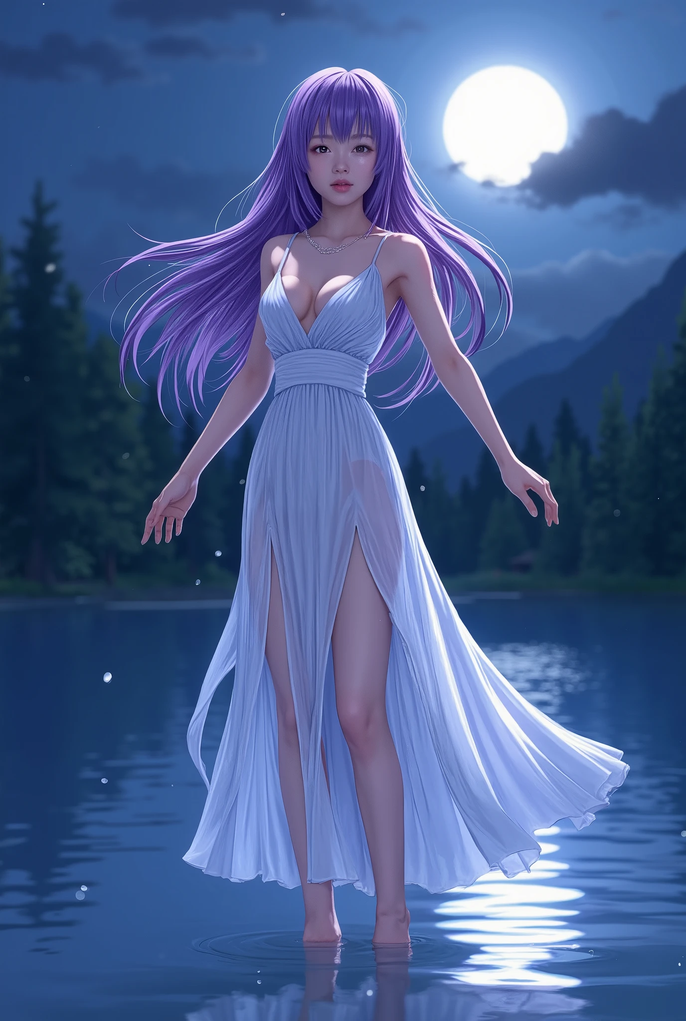 top quality、 realistic comic style Japanese woman、 erotic 、Beautiful woman with long light purple hair 1 :5、 See-through White Dress ( off shoulder、sleeveless、 deep v-neck、 belly button out、 Long Skirt with Deep Slits)、 spread your arms、Standing on the lake、Moonlit Night Forest Lake
