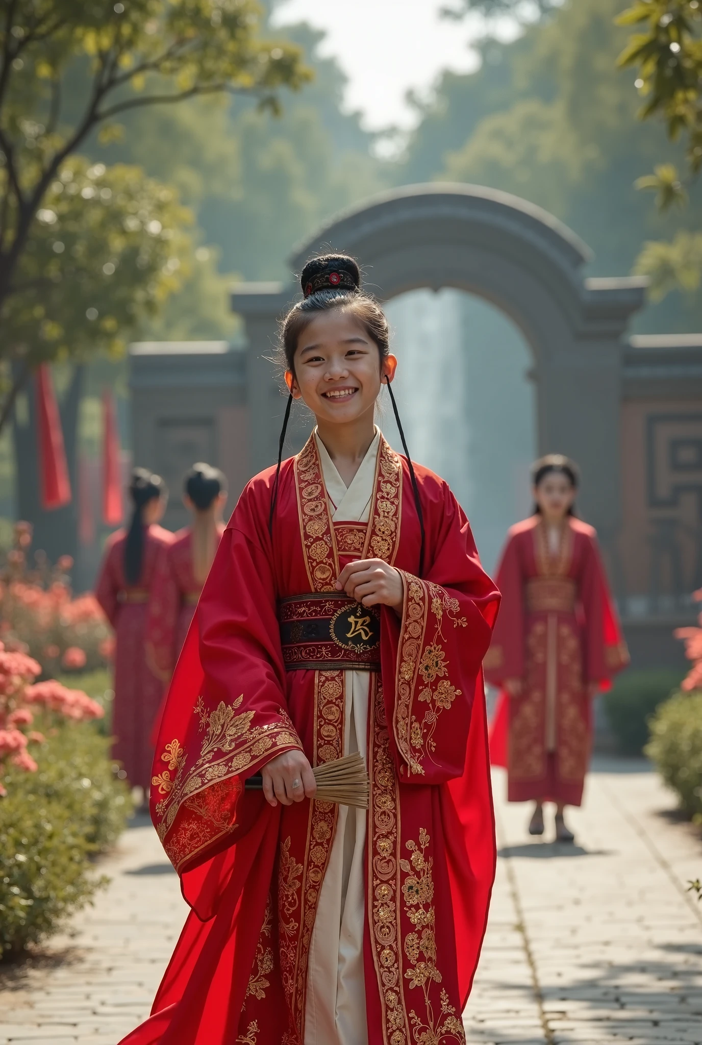 China, 1477. A young ((((16-year-old)) Tan Yunxian)), girl, in a garden, next to a pond, (((((horror expression, fear))))), ((((chinese clothings from the 1470s)))), ((hairstyle of the 1470s)), ((colorful, Monet))