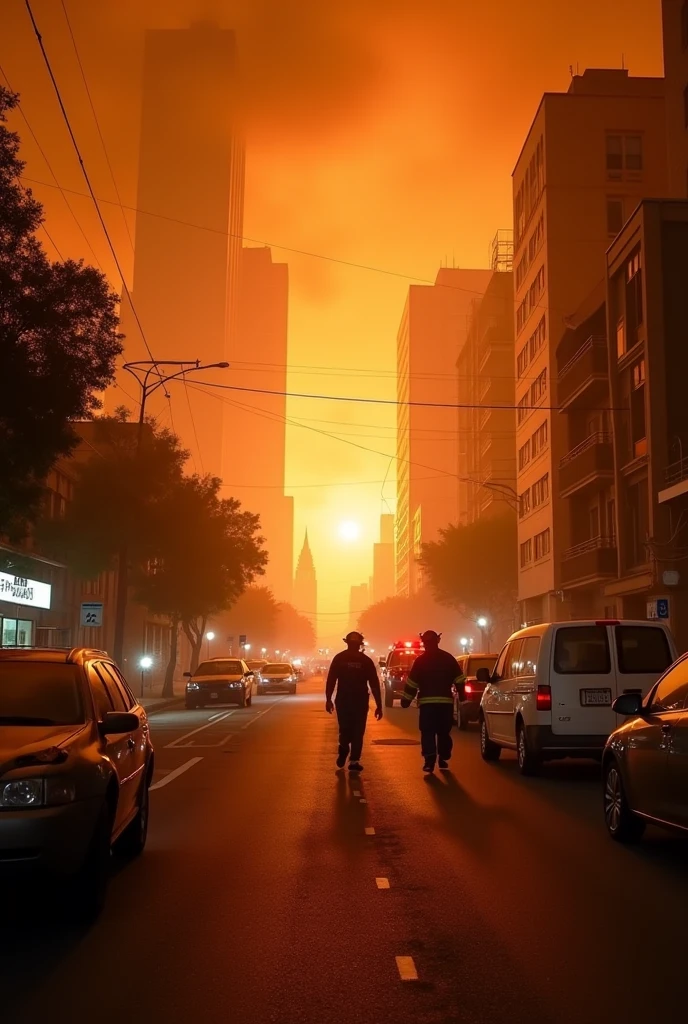 (( qualidade 4K )), (( alta qualidade )), (( ultra detalhada )), (( perfect  lighting )), (( ultra realista )), Huge city with buildings, Devastated buildings, burning buildings, pessoas correndo na rua, androides correndo na rua fugindo do caos