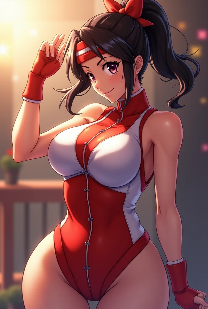 (tmasterpiece, beste-Qualit: 1.2), Cowboy shot, 独奏, 1girl, yaoyorozu momo, black  hair, ssmile, closed mouth, looks at the viewer, Sporty Tiger Top, Short shorts, 鎖骨, décolleté, wide thighs, big breastes, epic perspective, the sweat, Erotica, sweat drops, Slut