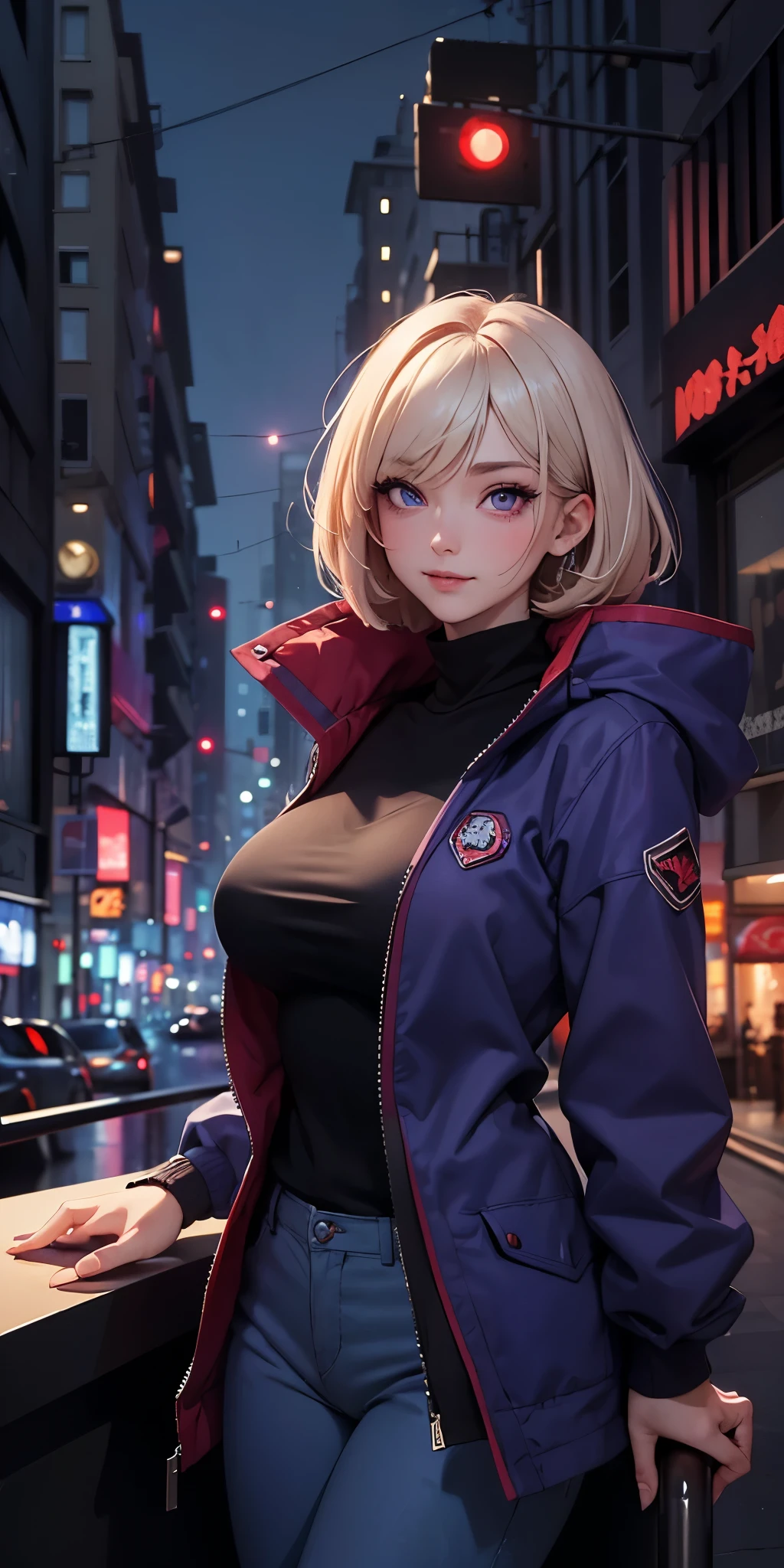 Top quality, realistic, (from below), night city, neon lights, backlit, (one adult female), (small breasts), lips close-up, short hair, blowing in the wind, shiny red lips, closed mouth, blue topaz eyes, slanted eyes, smiling, cleavage, sitting on bench, hands touching lips, nylon jacket, loose fitting t-shirt with fine pattern, loose nylon pants, belt, high heel sandals,