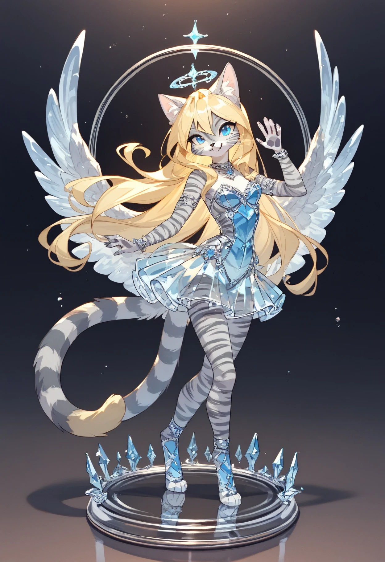 score_9, score_8_up, score_7_up Anthro furry cat girl,
translucent, transparent, glass sculpture. Kat, silver furry body, grey striped body, blonde hair, blue eyes, long blonde hair, majestic pose, standing on a glass base, angelic background