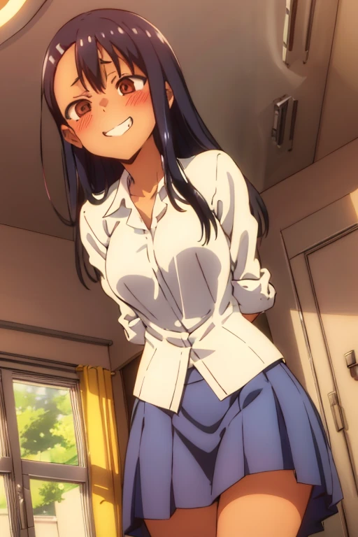 nagatoro hayase, blue skirt, cleavage, small breasts, (from below:1.2), bent over, grin, blush, best quality, masterpiece, perfect lighting, arms behind back,