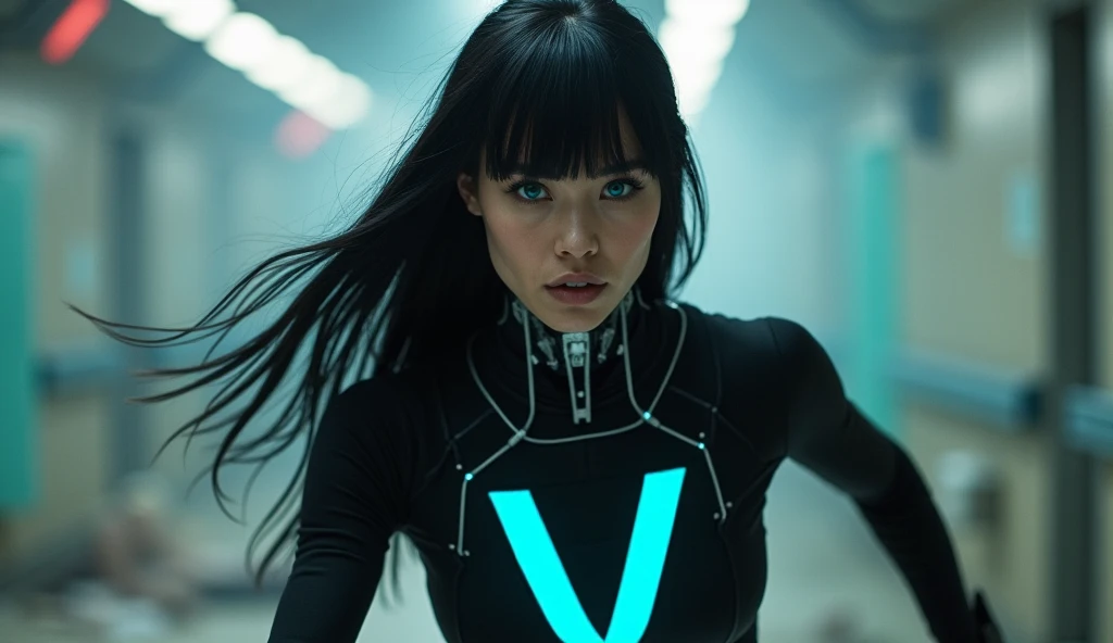 white woman , long straight black hair , fringe, bright blue eyes, cybernetic mechanical neck , black futuristic combat costume with blue neon letter V on the chest, muito bonita de fringe. Running through a destroyed hospital