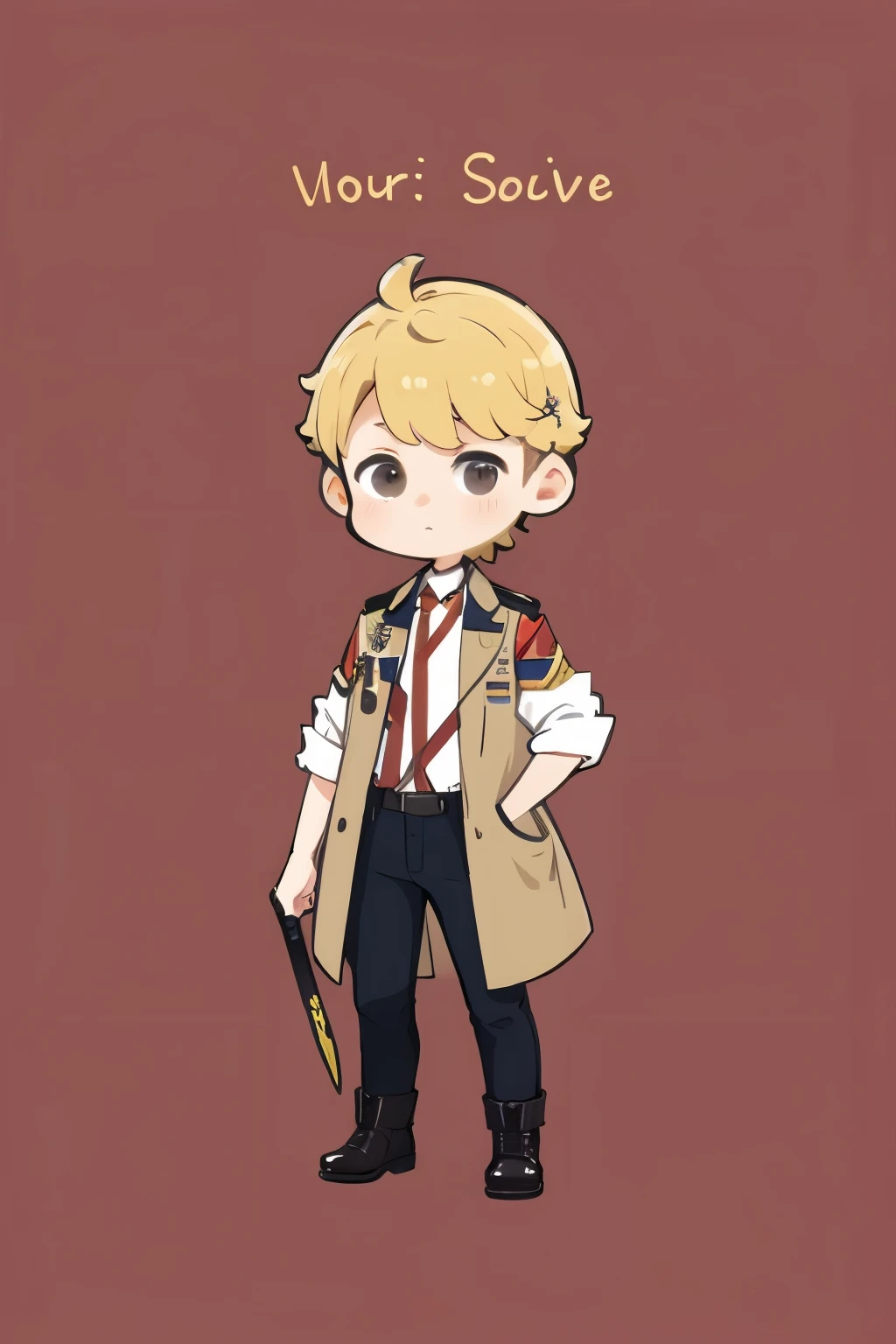 one young man , stand facing the front, Put one hand in your pants pocket、Face is turned to the right, Mouth closed, with a curved sword , (( best quality , expensive_solve, clear_ images)), (Blonde), wavy shortcut, ( brown eyes), (Wear boots on your feet ), military jacket to wear on the shoulder, Roll up your sleeves, long pants , (( concept art)), chibi, mini, very short height , deformed style