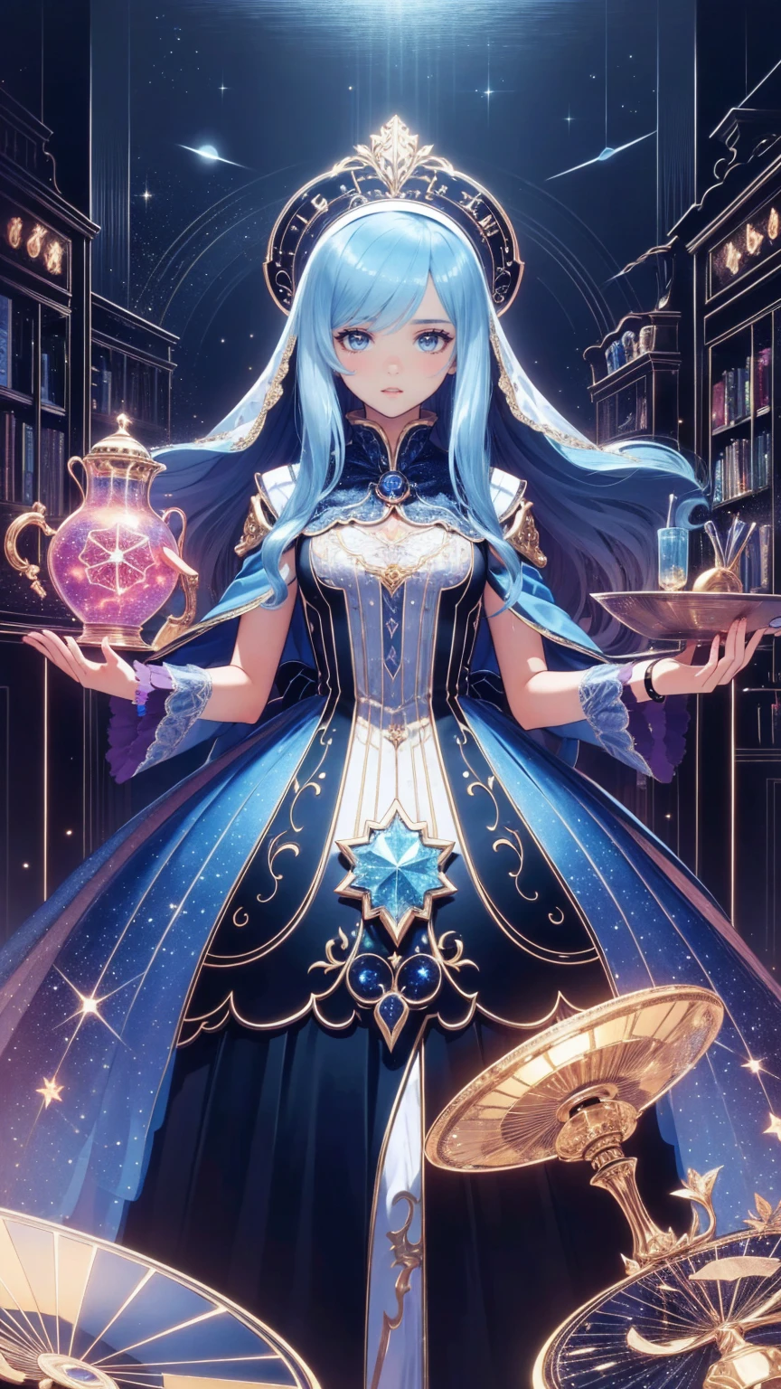 (masterpiece、top-quality、top-quality、Official art、Beautifully Aesthetic:1.2)、(1 girl in:1.3)、wavy and long hair、lightblue hair、Lustrous hair、Open smile、very detailed portrait、looking at the viewers、独奏、(full body Esbian:0.6)、Meticulous background、a closeup、radiant eyes、(Cold Arctic Winter theme:1.1)、fortune teller、Mountain division、show the grinps、myterious、sitting on table、Colorful shoulderless loose gypsy fortune teller clothes、grail、 Tarot cards on the floor、Crystal ball on the floor、renaissance(interior of a tent:1.1)Background with、Tent curtain on background、Dark mystical lighting、shadowy、Magical atmosphere、Starry Night、Dutch Angle、Healing and Guidance、Wakawe、wakame、