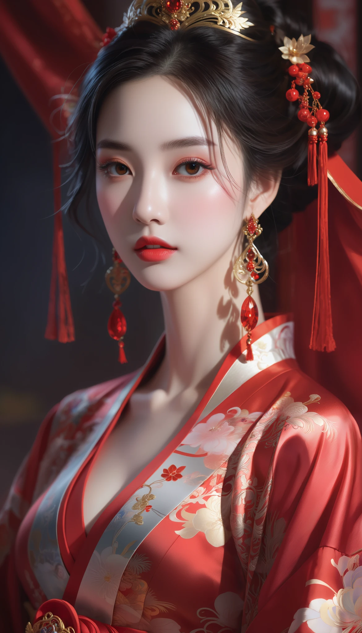 a close up of a woman wearing a red dress and a tia, palace , a girl in hanfu, ((a beautiful fantasy empress)), a beautiful fantasy empress, beautiful character painting, guweiz, artwork in the style of guweiz, chinese style, trending on cgstation, ancient chinese princess, inspired by Lan Ying, chinese princess