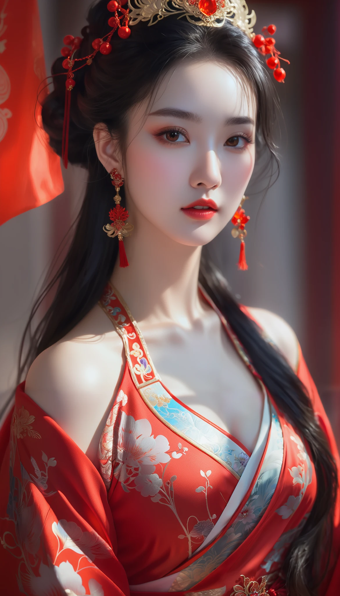 a close up of a woman wearing a red dress and a tia, palace , a girl in hanfu, ((a beautiful fantasy empress)), a beautiful fantasy empress, beautiful character painting, guweiz, artwork in the style of guweiz, chinese style, trending on cgstation, ancient chinese princess, inspired by Lan Ying, chinese princess