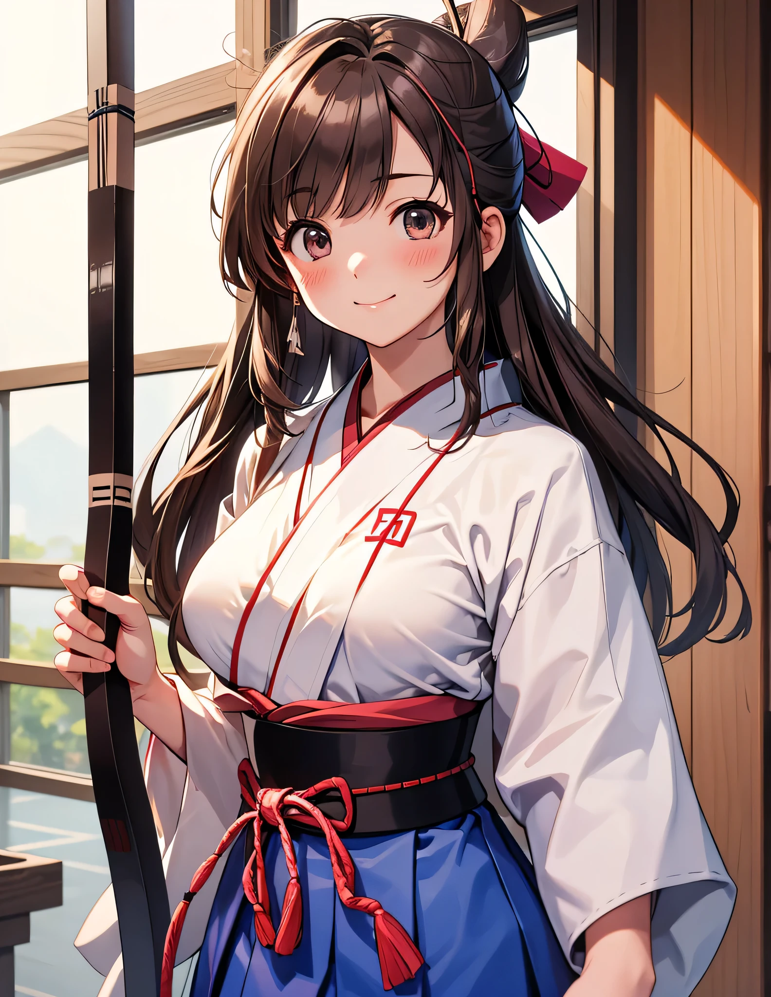 1 GIRL, solo, High Resolution , long hair, looks at her, blush, smiles, High Resolution , masterpiece, accurate, anatomically correct, has won many awards , 最 High Quality , details , high definition model , 高い details , High Quality , VERY DETAILED, retina, Textured Skin, Ultra Fine, brown hair, blush, Highlight the whole body, ((( Kyudo Club Costume))), big breasts in okunai, Archery Girls, dojo background, blue sky, Hakama, Bring a Japanese bow , 目を閉じる, 口を開けて楽しそうに笑う, ,