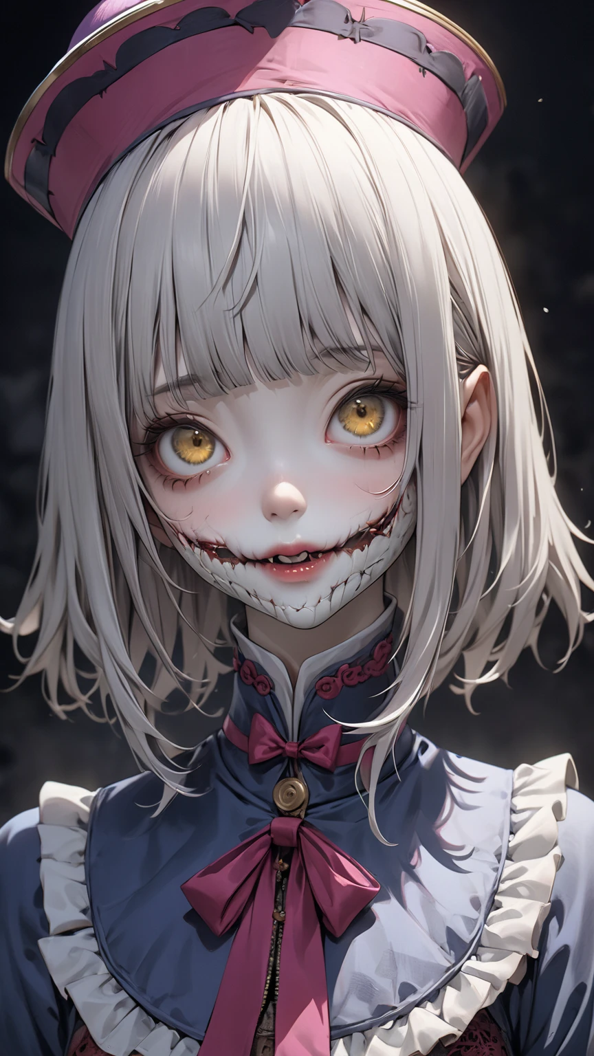 A Japanese woman with a creepy face, White hair and a bloody mouth, Indie Video Game Horror, Horror game graphics, Horror Video Games, Stills from an animated horror movie, [ Horror game ], Jump scares, Horror game, Zombies with white eyes, Face of fear, Jump scares, Glowing eyes and mouth, Highly detailed horror, scary pose