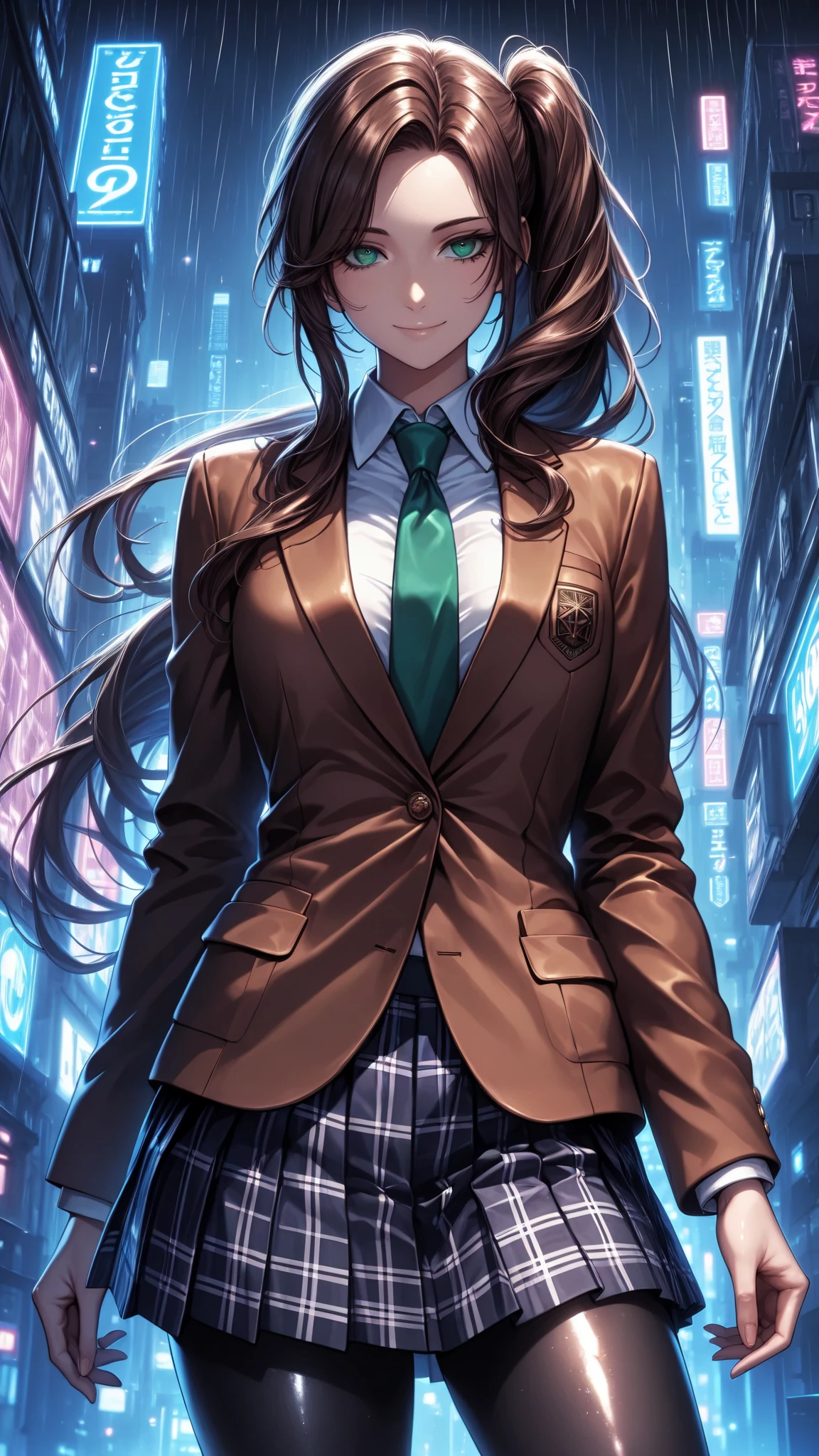 masterpiece, best quality, vibrant, very aesthetic, high contrast, semirealistic, anime style, newest, shiny skin,slender, cinematic-lightning, cowboy shot, high contrast, 1girl, detailed eyes, green eyes, slightly smile, detailed semi-long hair, dark brown silky hair, forehead, sliced back hair, side ponytail, contrapposto, Captivating thighs, uniform, brown blazers, (hads in pocket, unbutton), Green tie, Plaid Pleated Skirt, black tights, rainy cyber city, at night