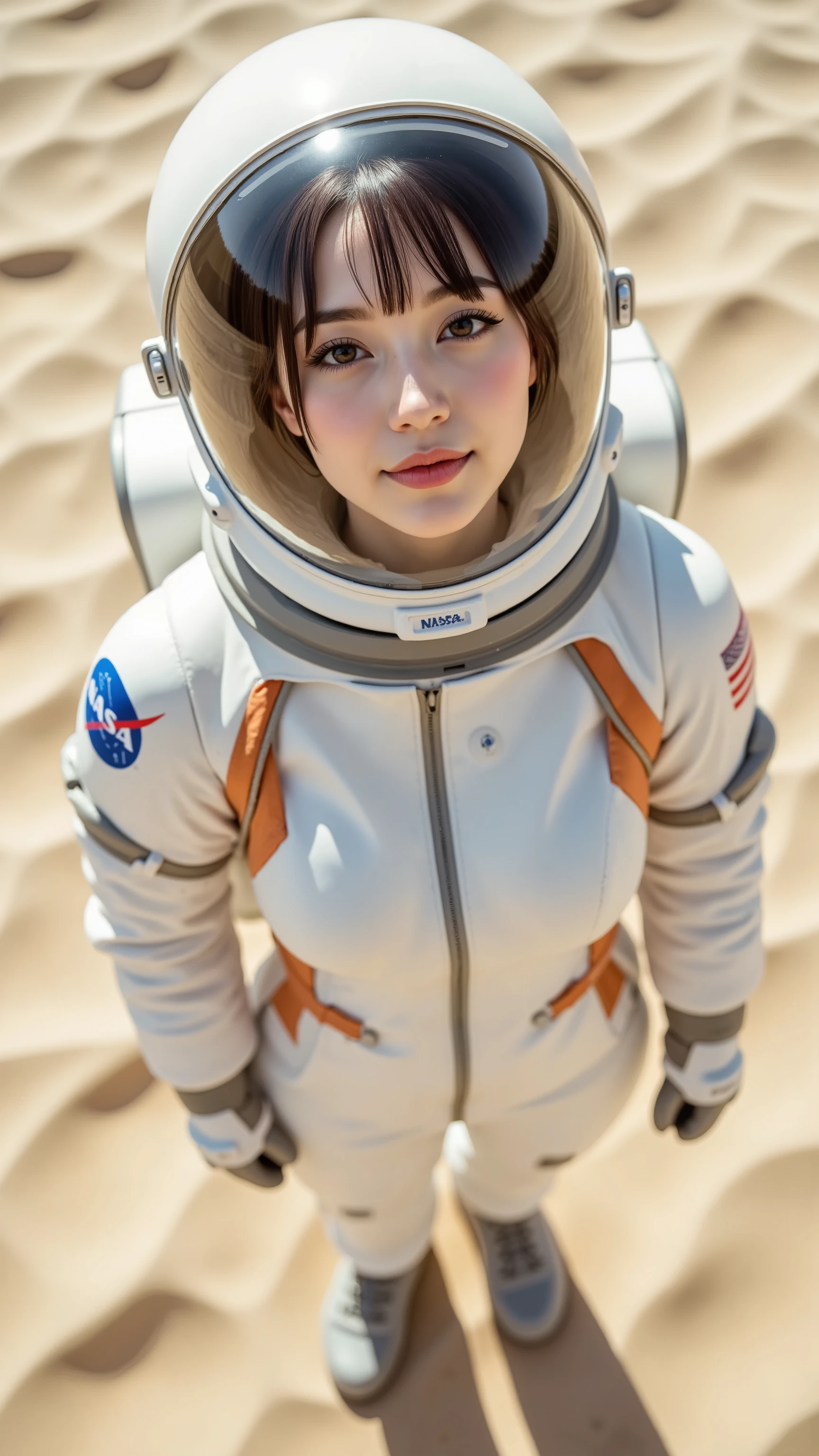32k, Masterpiece, top quality, ( Korea's Beautiful Woman) Realistic, From above, from a high, place astronaut, white, orange, spacesuit, NASA, logo, Astronaut helmet, Astronaut headsets, calm expression, desert, sandy,a sand breeze,  tire tracks, clear sky, realistic, stylized.