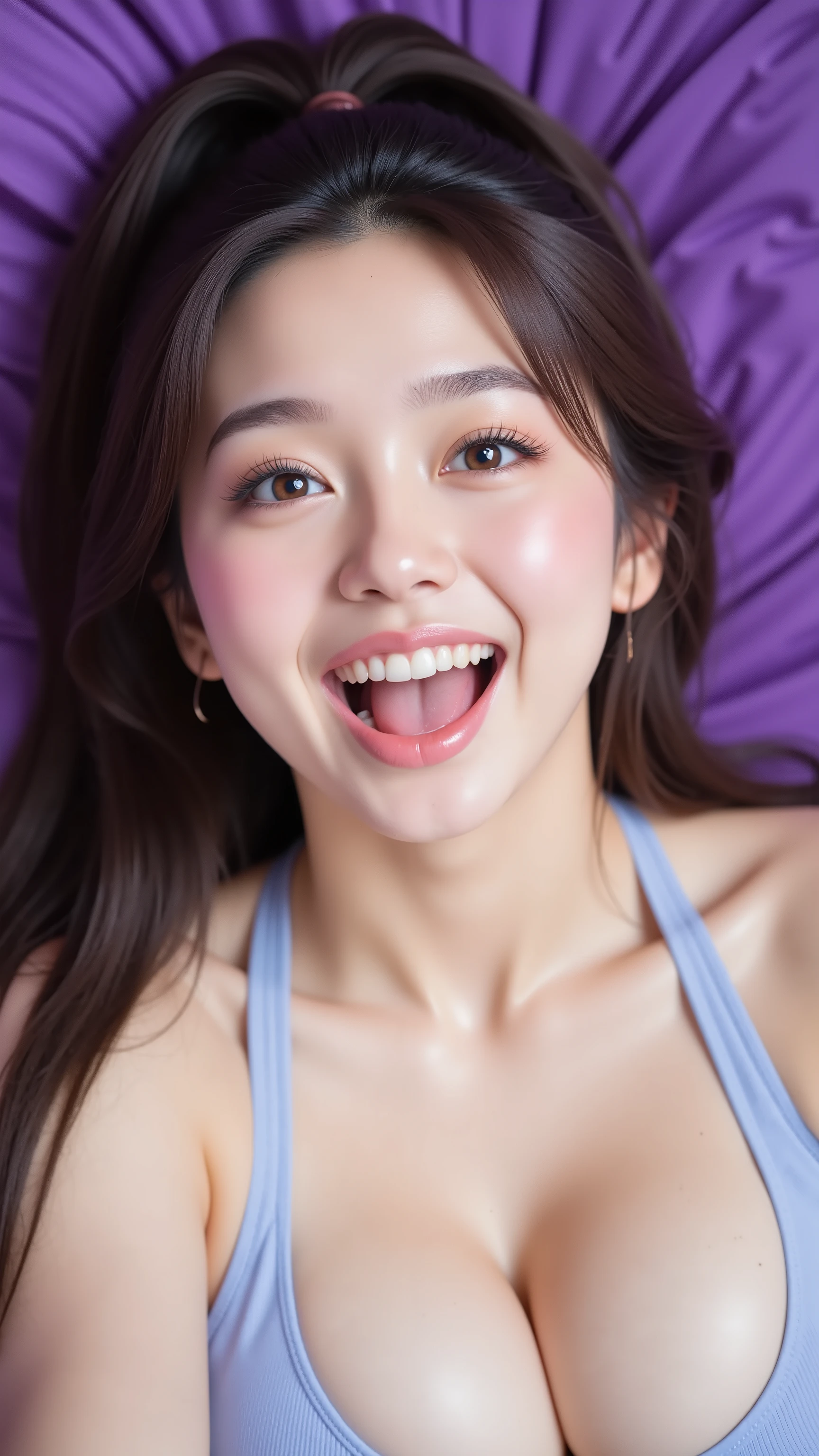 32k, Masterpiece, top quality, ( Korea's Beautiful Woman) Close-up,From above, from a high place, overhead, dark hair, ponytail, light blue sports bra, purple contact lenses, blush, smooth skin, shiny skin, open mouth, with one's teeth and one's mouth wide open, tongue, playful expression, vibrant purple background.